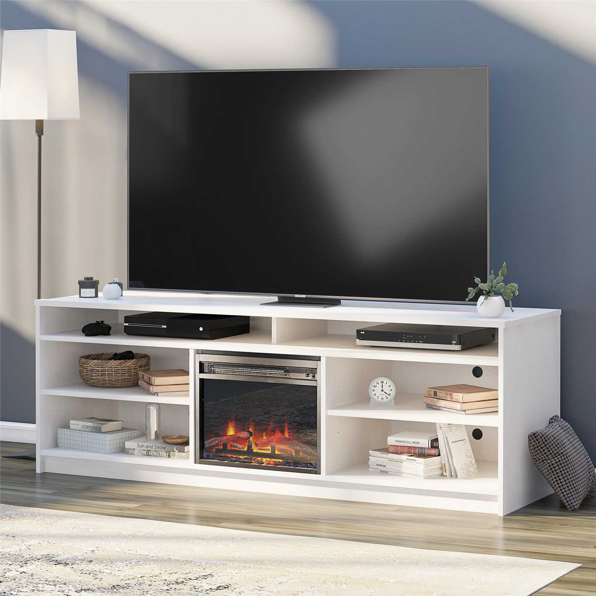 Ameriwood Home Heston 75' TV Stand with Electric Fireplace Insert and 6 Shelves, Ivory Oak