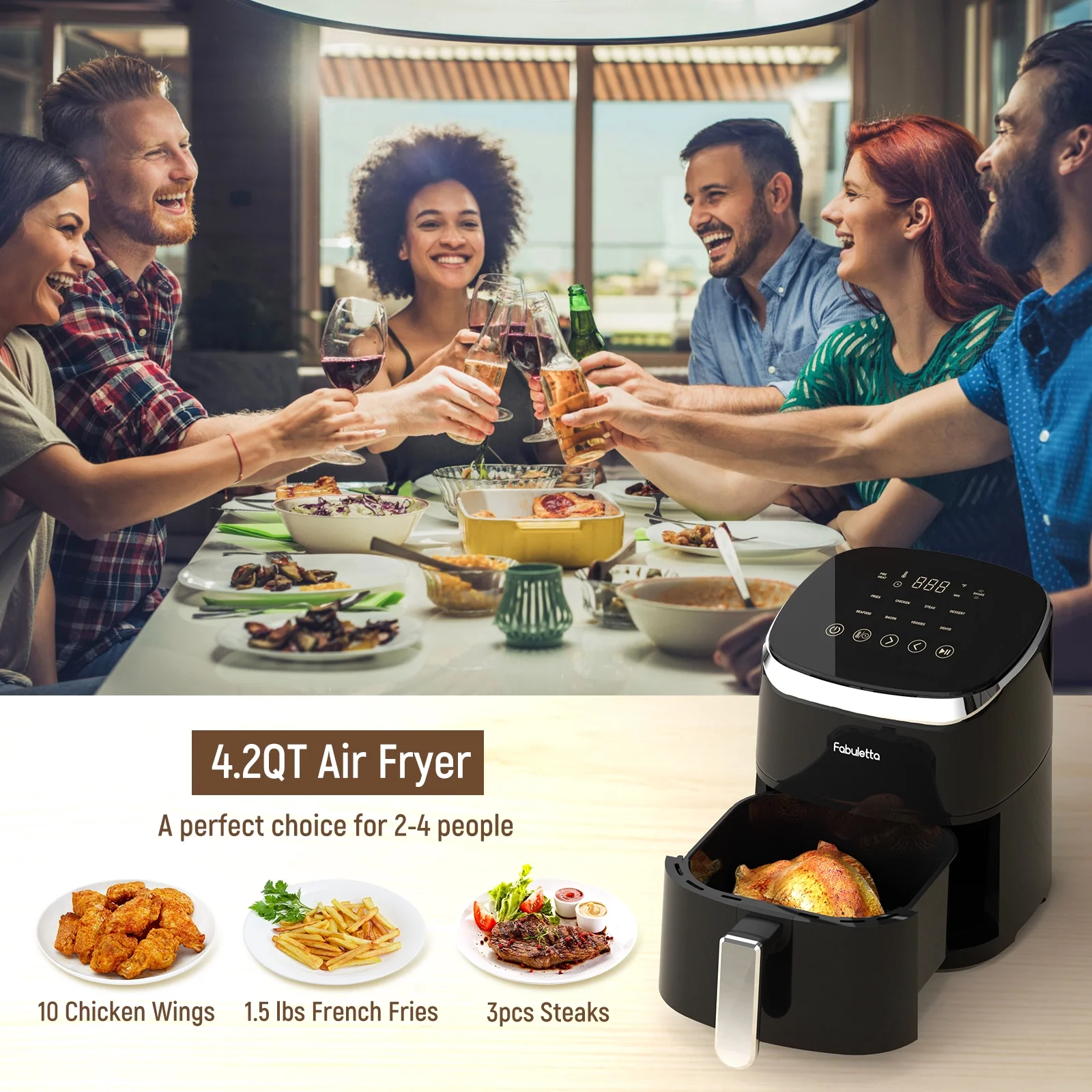Air Fryer, Fabuletta 4.2 Qt Air Fryer Air Fryers With 9 Cooking Functions , Shake Reminder, Powerful 1550W Electric Hot Air Fryer Oilless Cooker, Tempered Glass Display, Dishwasher-Safe & Nonstick