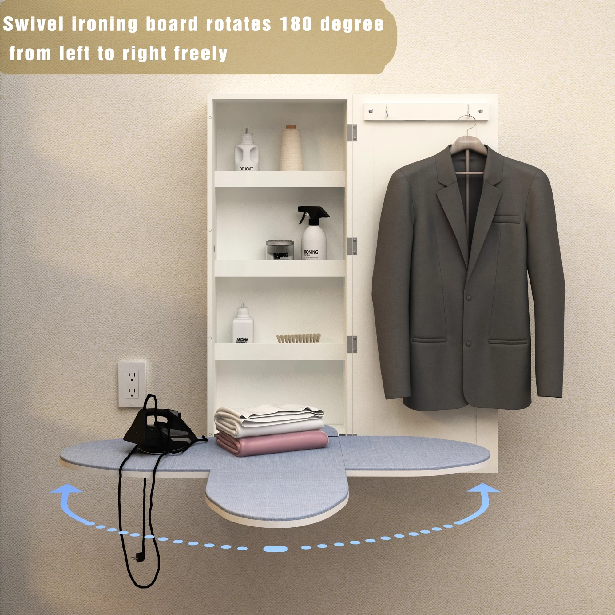 Facilehome Wall Mount Ironing Board Cabinet with Mirror White,Flip Foldable Small Spaces Ironing Storage 37.4x13.7 in