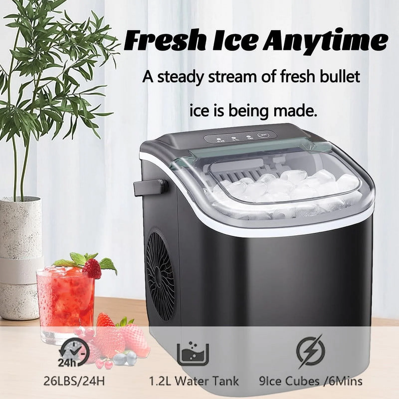 Countertop Ice Makers Machine with Handle, Self-Cleaning, 26Lbs/24H, 9 Ice Cubes Ready in 8 Mins (Black)