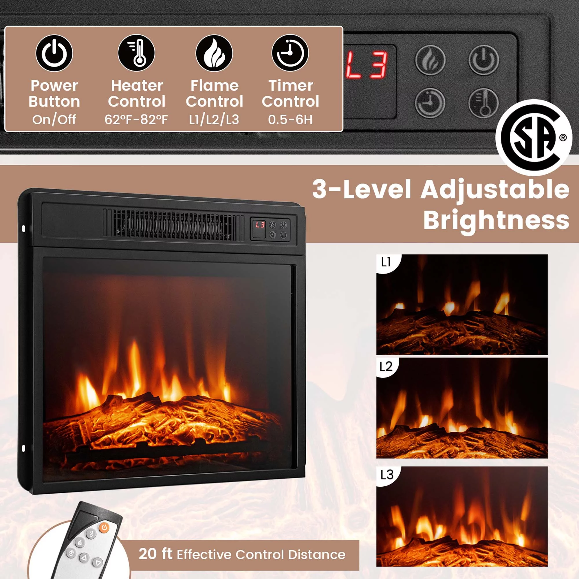 Costway Fireplace TV Stand with Led Lights & 18'' Electric Fireplace For 65' Wall-Mounted TV Black