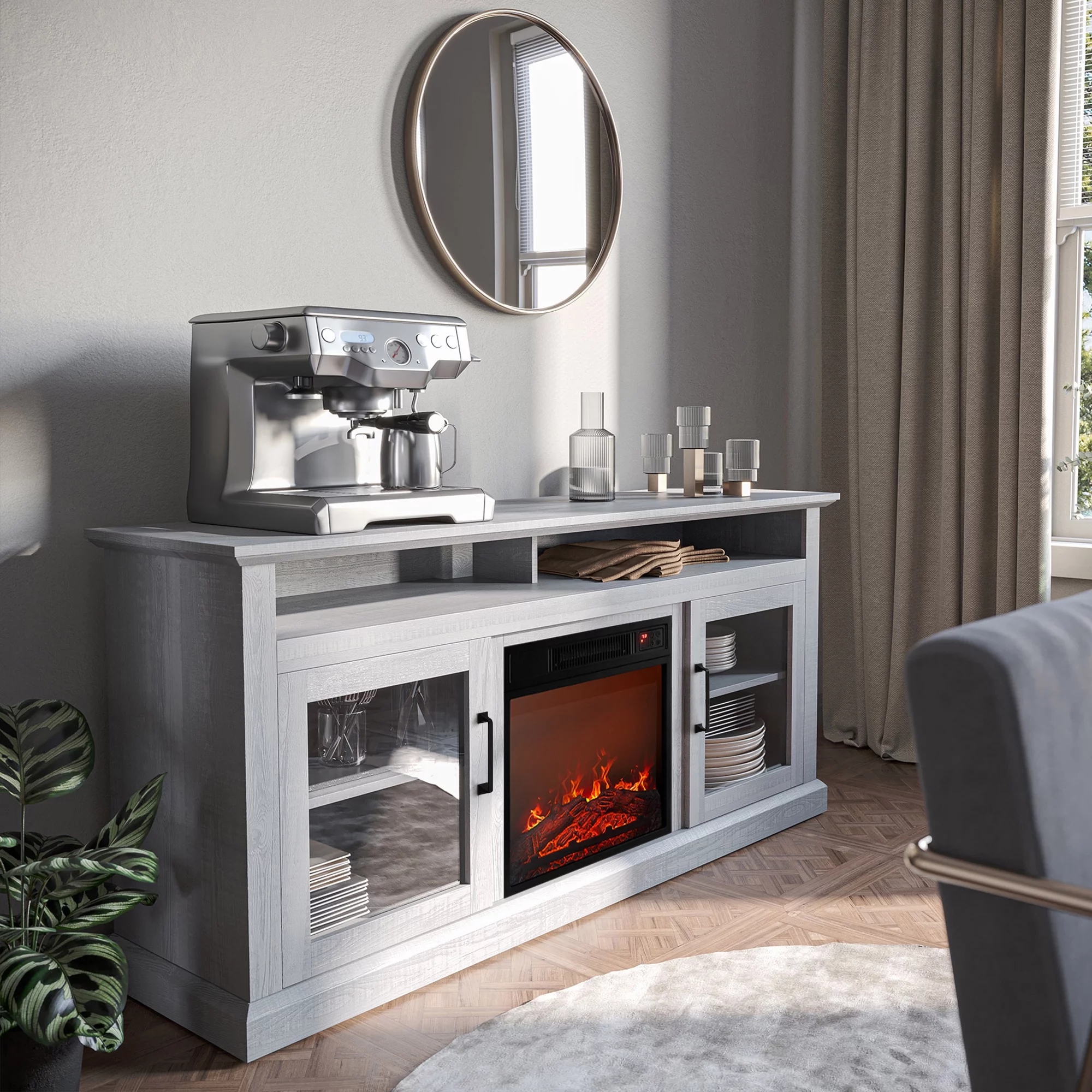 BELLEZE 60' Traditonal TV Stand Media Entertainment Center For TVs up to 65' with 18' Fireplace - Cayman (Stone Grey)