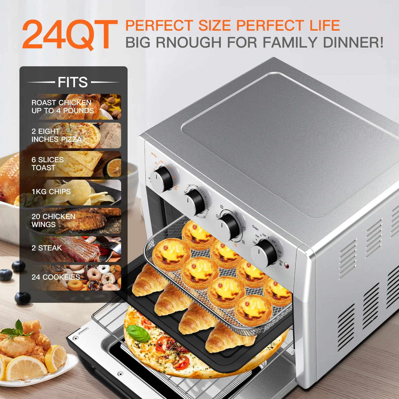 24Qt/23L Air Fryer, 7-in-1 Air Fryer Toast Oven Combo with Roast, Defrost, E-Recipes, Silver