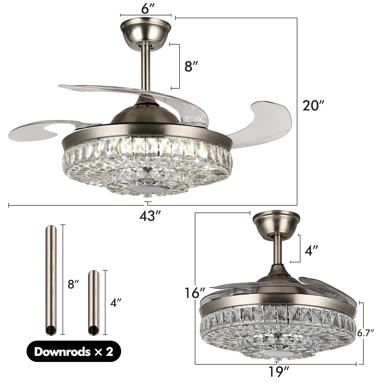 KPIBEST 42' Modern Ceiling Fan with Bluetooth Speaker,Smart Crystal 7 Color 3 Speed Ceiling Fans with Lights and Remote,4 Retractable Blades Chrome Finish Silent DC Motor for Bedroom 2023 Upgrade