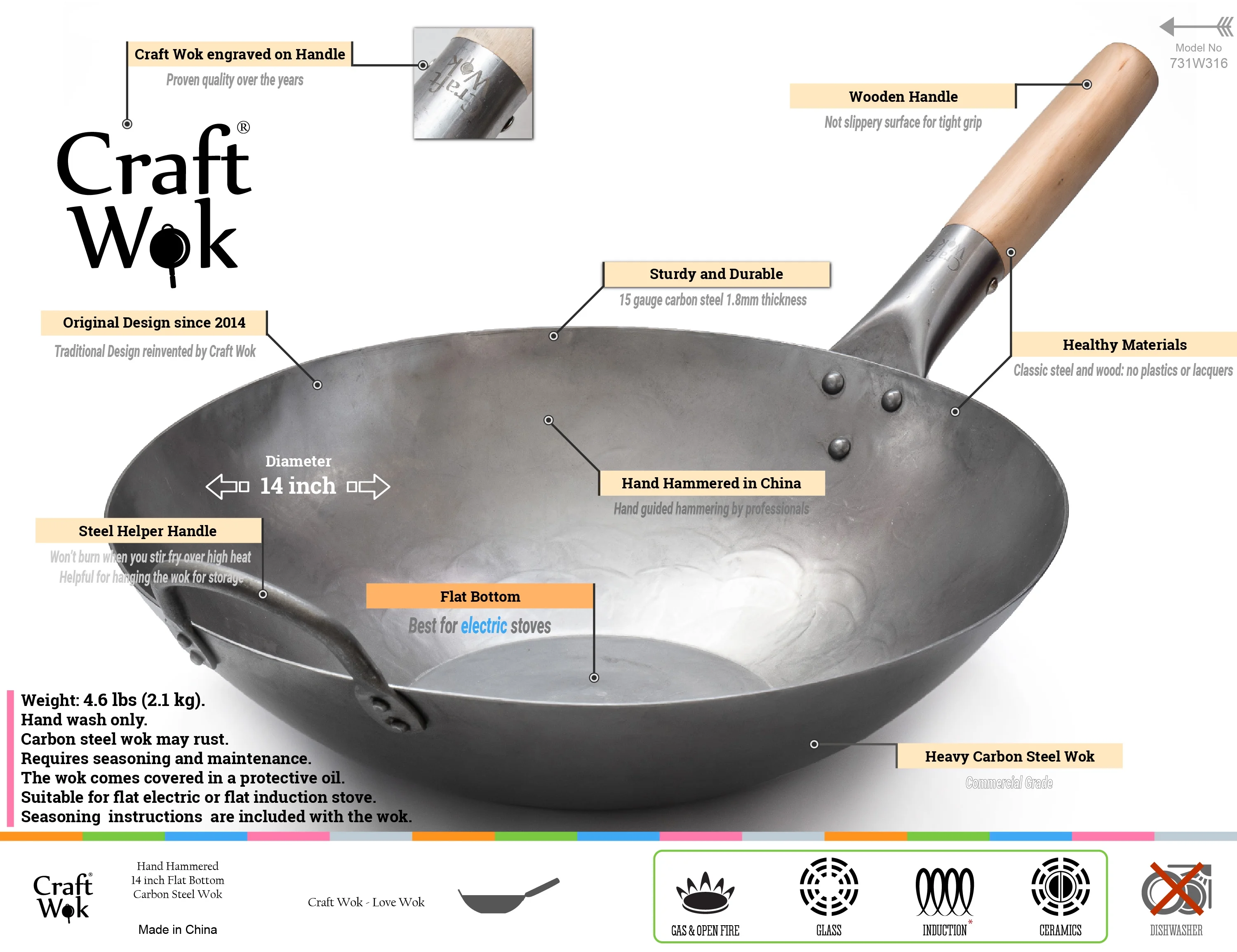 Craft Wok Flat Bottom 14 inches Carbon Steel Wok / 731W316