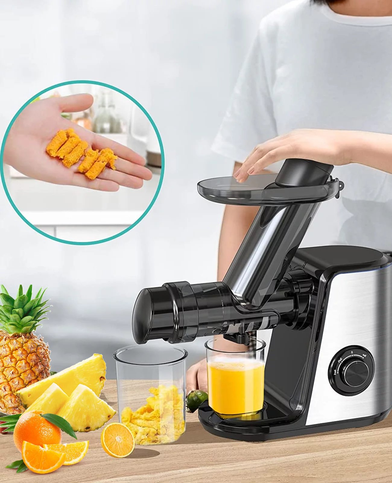 Cold Press Masticating Juicer for Fruit & Vegetable - with 2-Speed Modes & Reverse Function