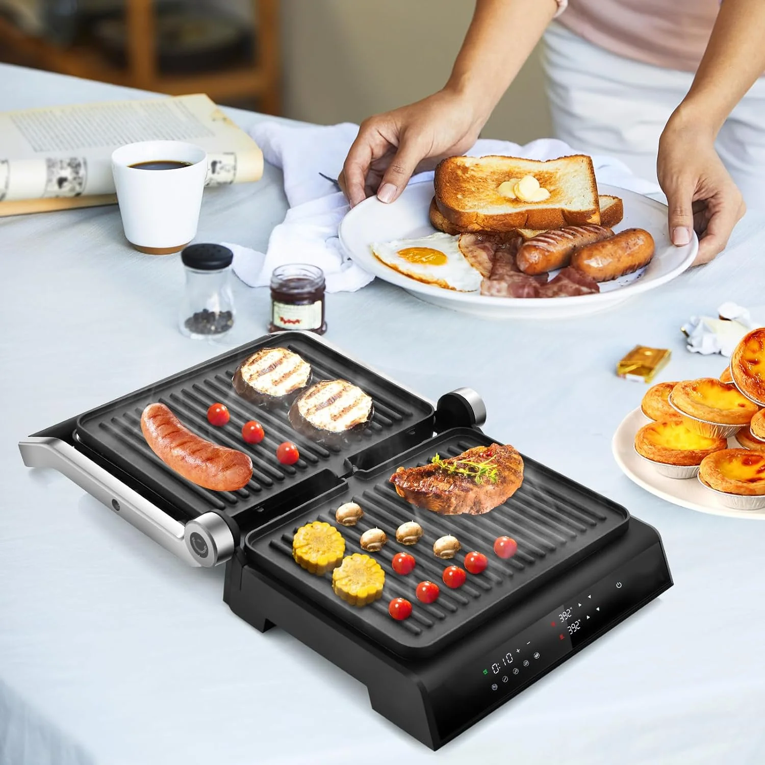 3 in 1 Panini Grill Press Sandwich Maker, 180 Degrees w/5 Auto Cooking Modes & LED Display, 1200W Electric Indoor Grill, Removable Non-stick Plates & Drip Tray, Panini Press Grill for Breakfast