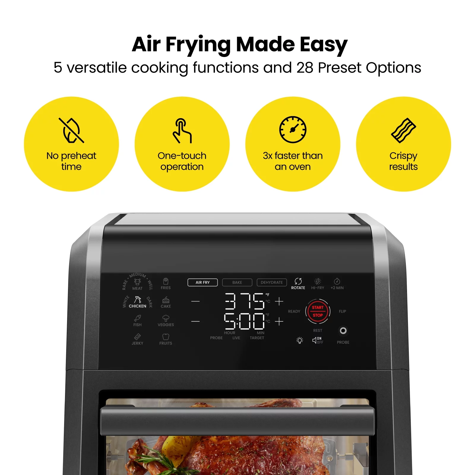 Chefman ExacTemp 12 Quart 5-in-1 Air Fryer with Integrated Smart Thermometer, 28 Presets - Black, New