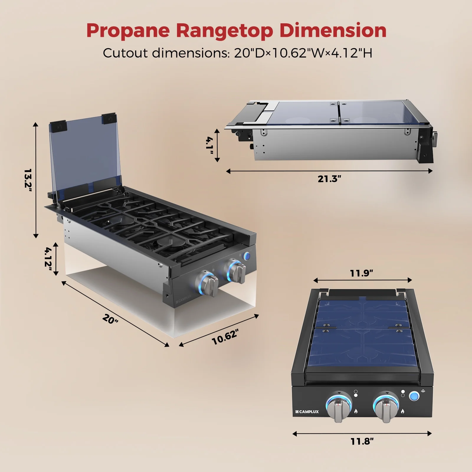 CAMPLUX RV Cooktop 2 Burners Slide-in, Outdoor Propane Cooktop Stove with Tempered Glass Cover, 12 inches Gas Rangetop, 13,000BTU, Black