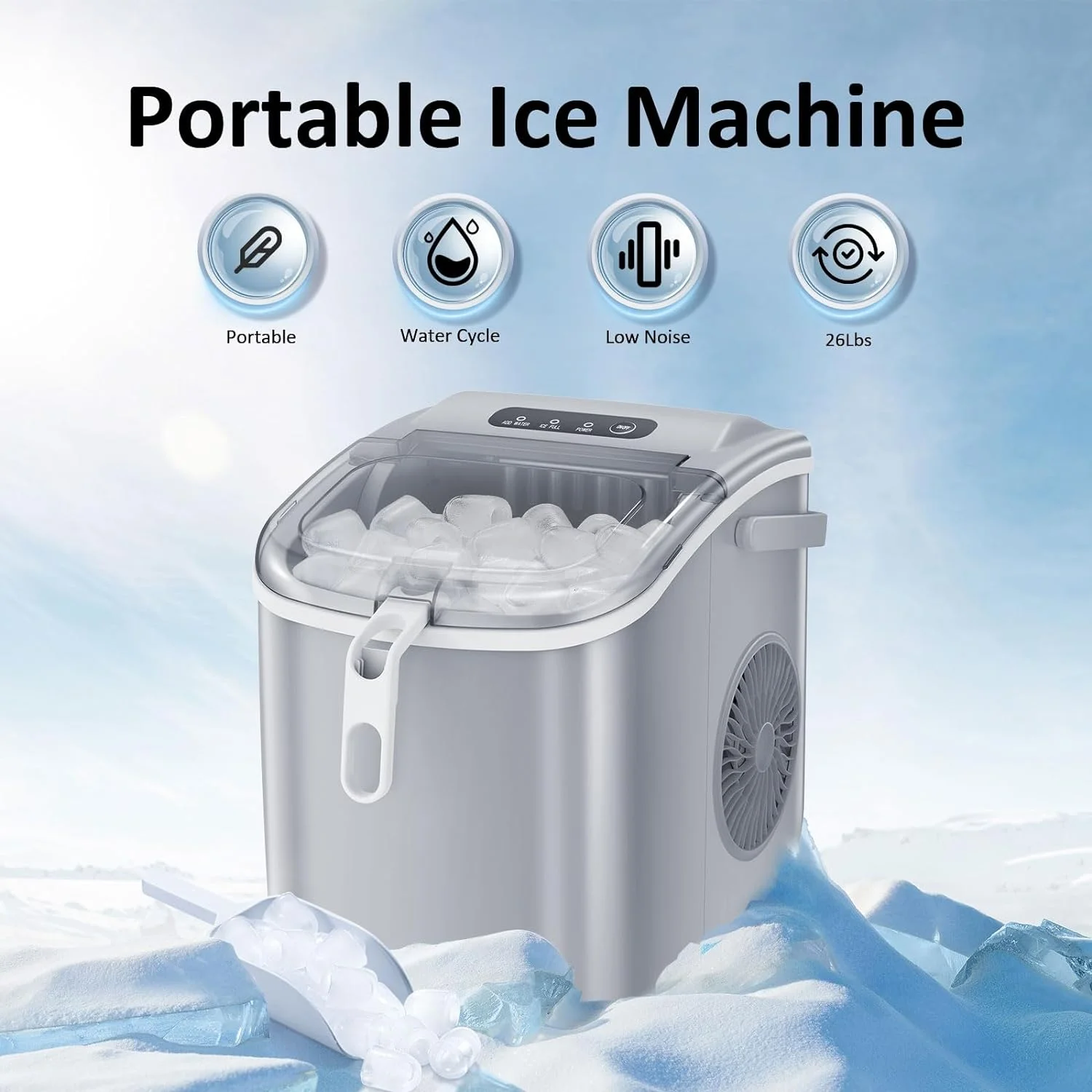 Countertop Ice Maker Portable Ice Machine, Basket Handle,Self-Cleaning, 26Lbs/24H, 9 Ice Cubes Ready in 6 Mins, S/L ice, for Home Kitchen Bar Party (Gray)