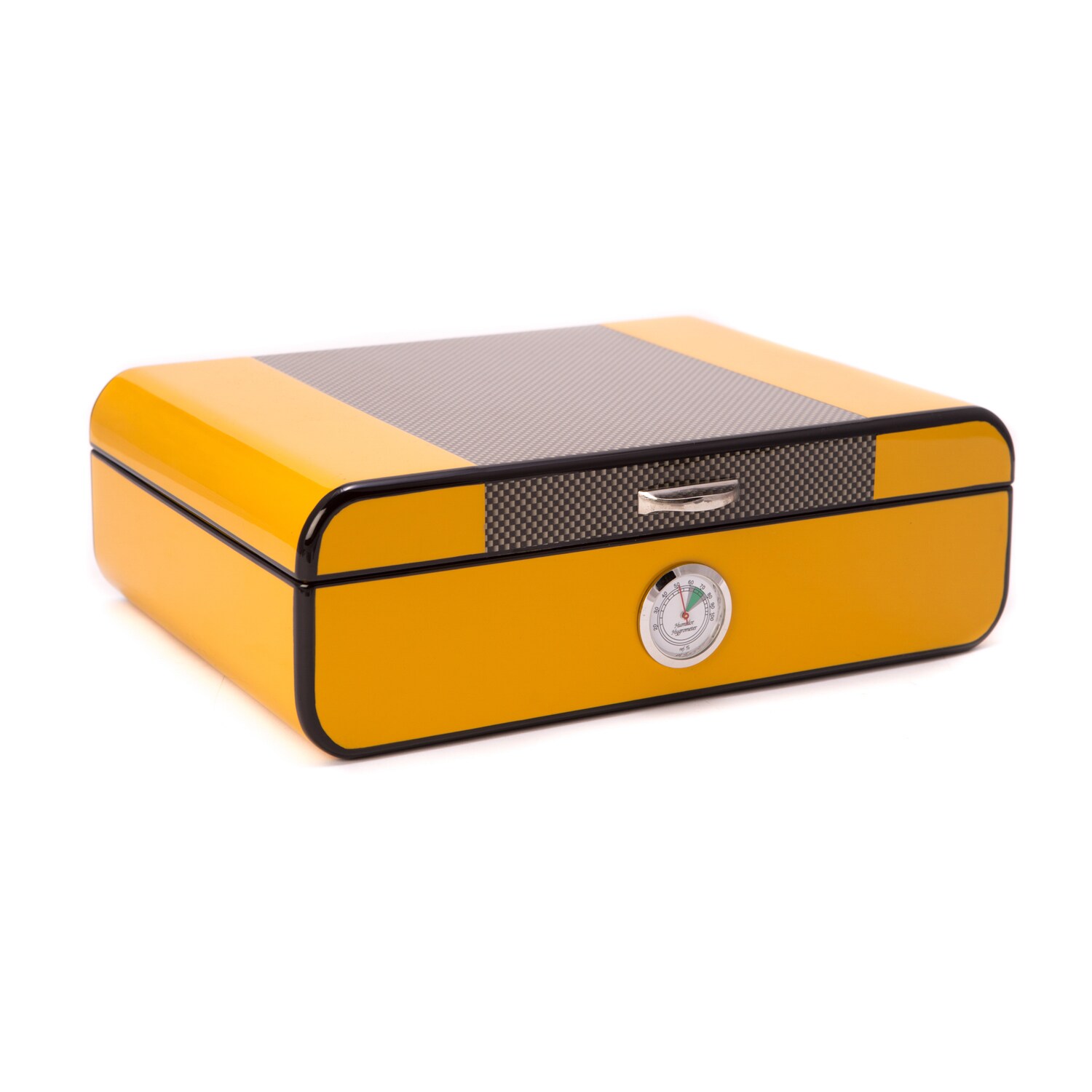 Carbon Fiber and Yellow Lacquered Wood 25-Cigar Humidor with Spanish Cedar Lining Humistat and Digital Hygrometer QGM13368