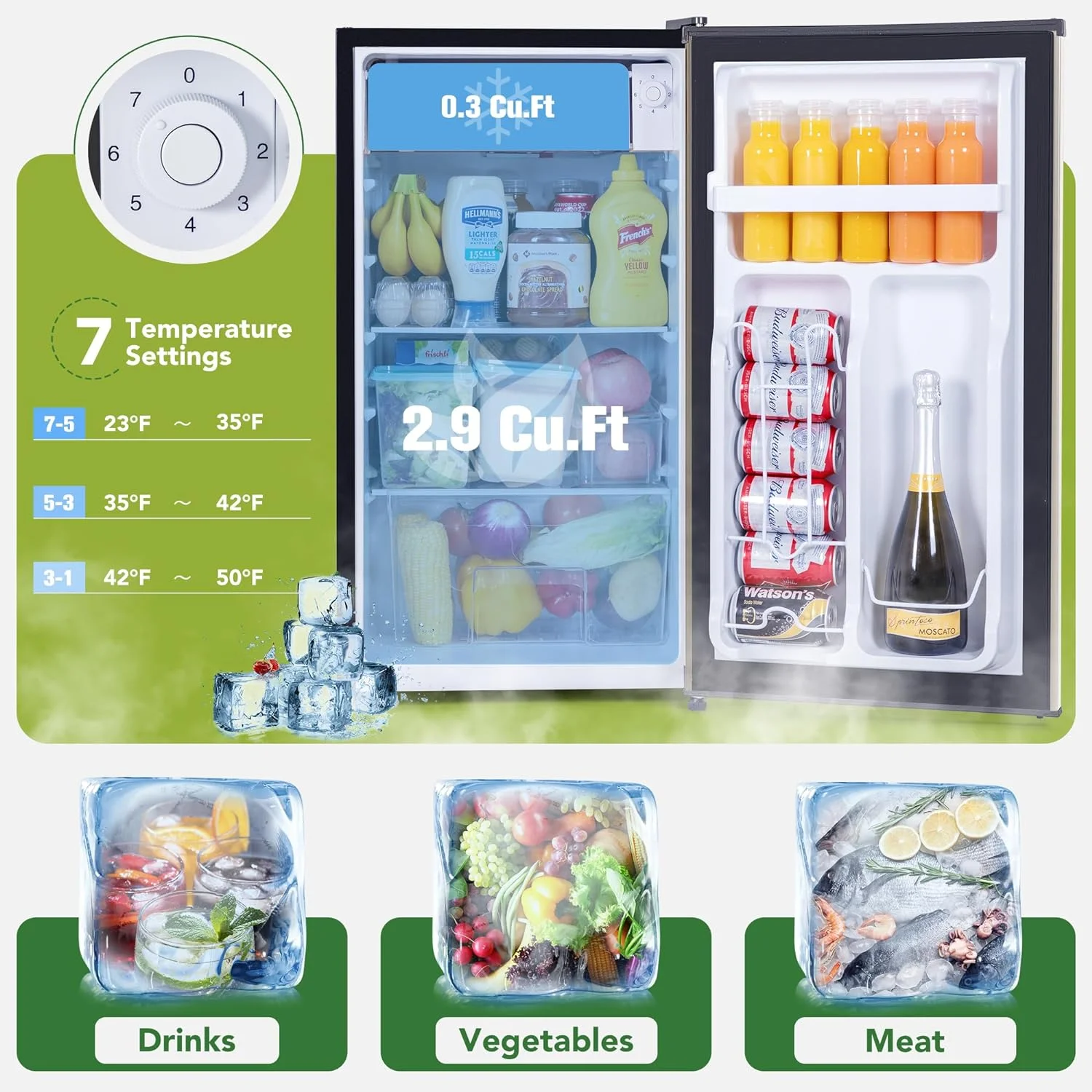 3.2 Cu.Ft Mini Fridge with Freezer, Mini Fridge for Bedroom Office, Small Refrigerator Fridge with Reversible Door, Low Noise, Energy Saving, Golden