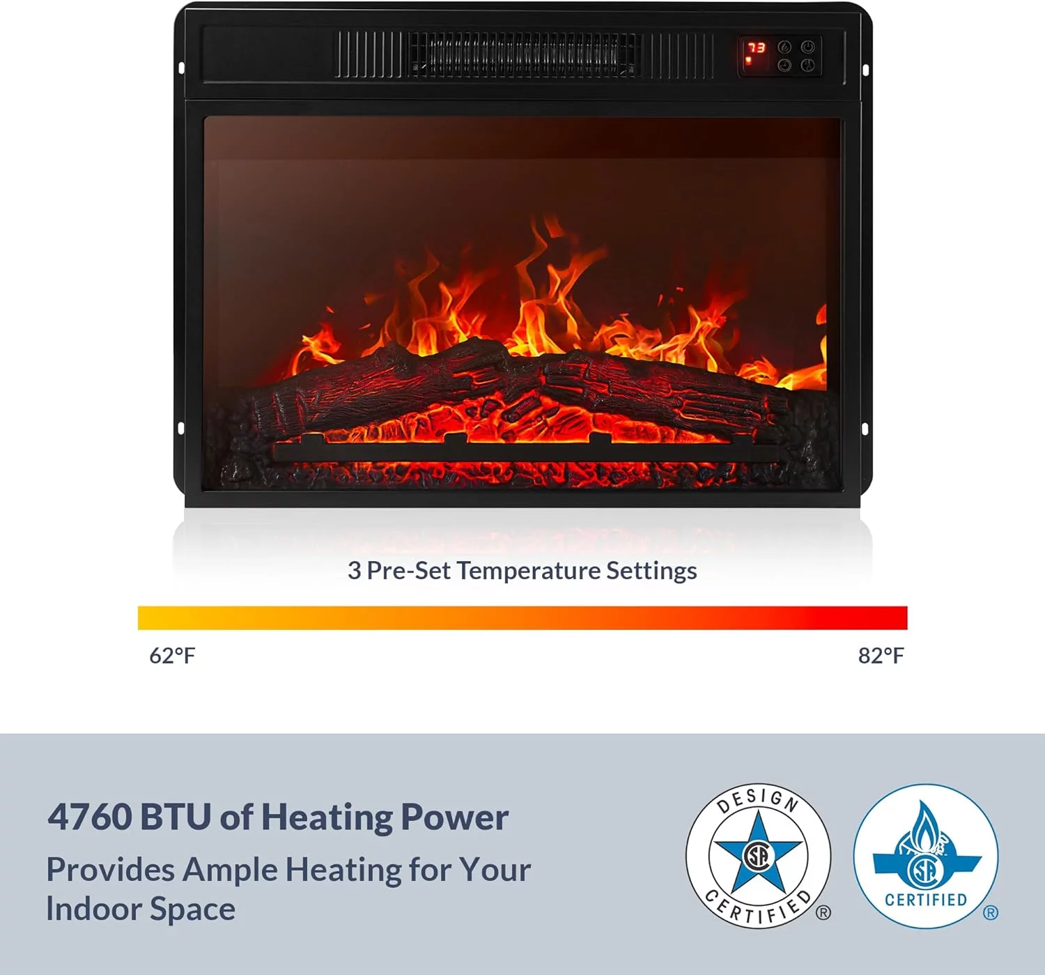 23inch Electric Fireplace Insert Heater Indoor Glass Log Flame with Remote Control, Holiday Home Gifts