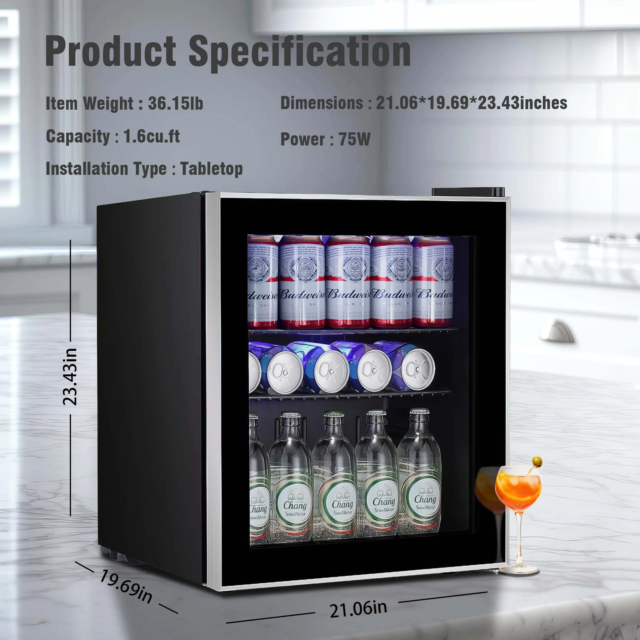 Auseo 1.6cu.ft Wine Cooler Cabinet Beverage Refrigerator Mini Clear Front Glass Door Counter Bar Fridge-Black