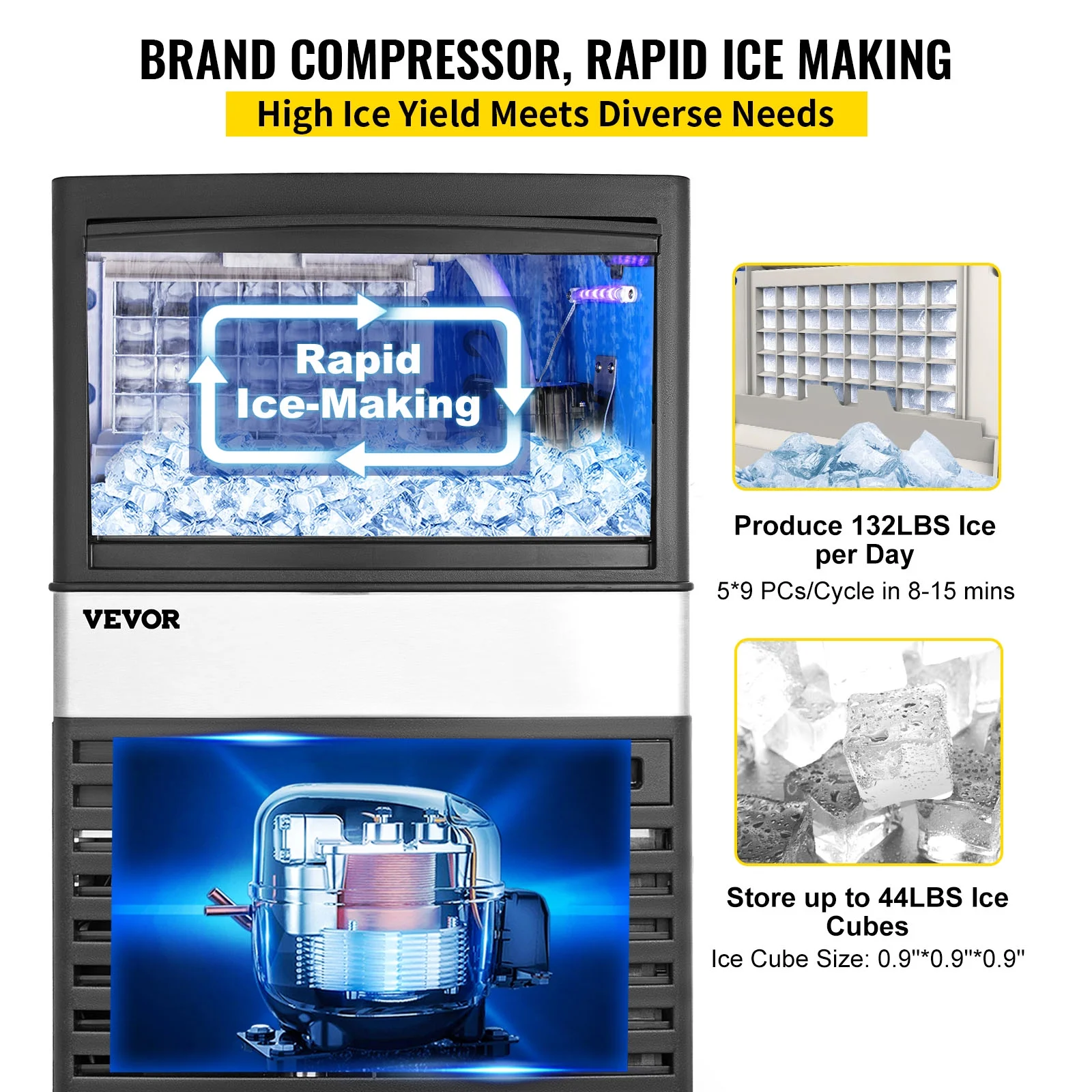 BENTISM 110V Commercial Ice Maker 132lbs/24H with 44 lbs Bin, Clear Cube, LED Panel, Stainless Steel, Auto Clean, Include Water Filter, Scoop, Connection Hose, Professional Refrigeration Equipment
