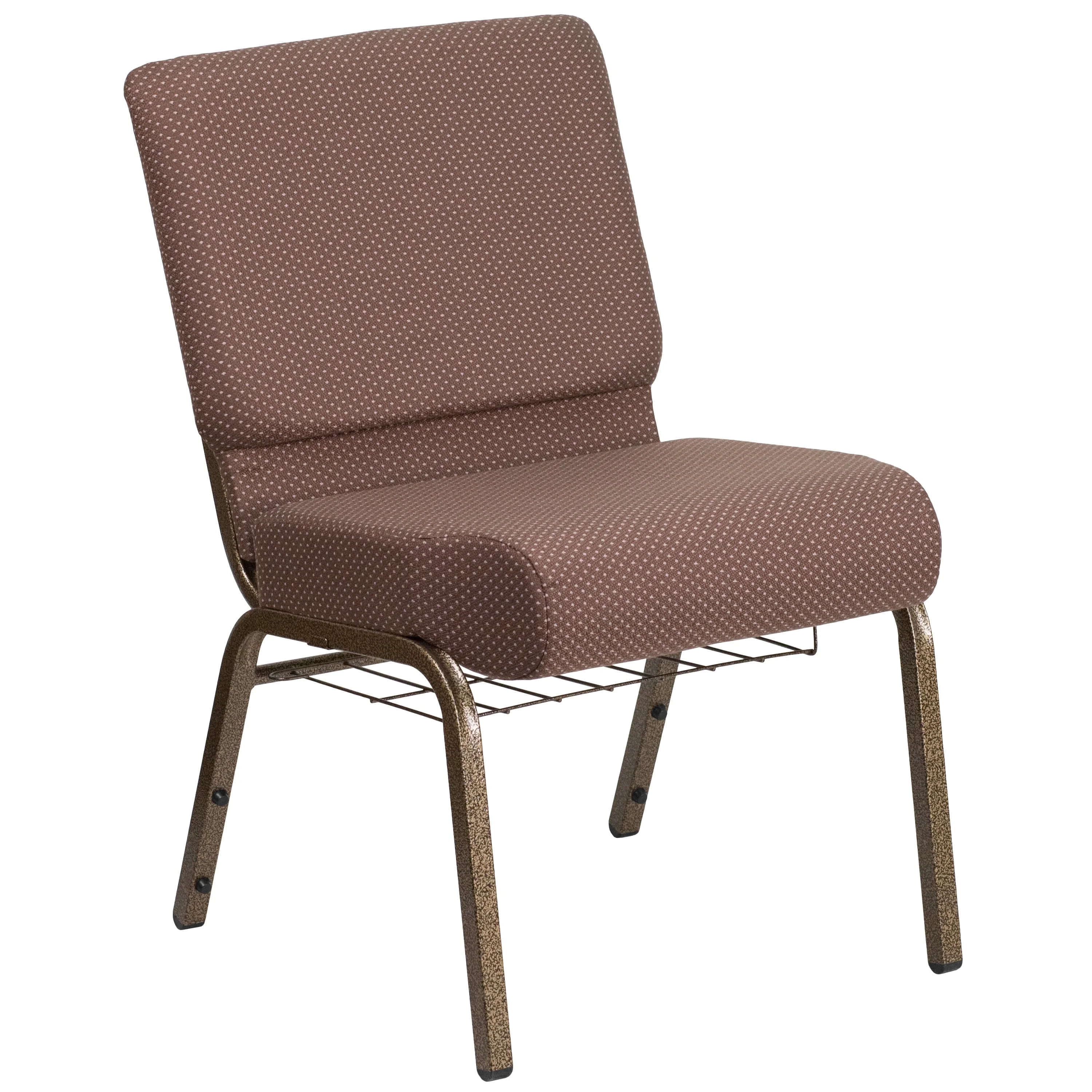 Flash Furniture HERCULES Series 21''W Church Chair in Brown Dot Fabric with Book Rack - Gold Vein Frame