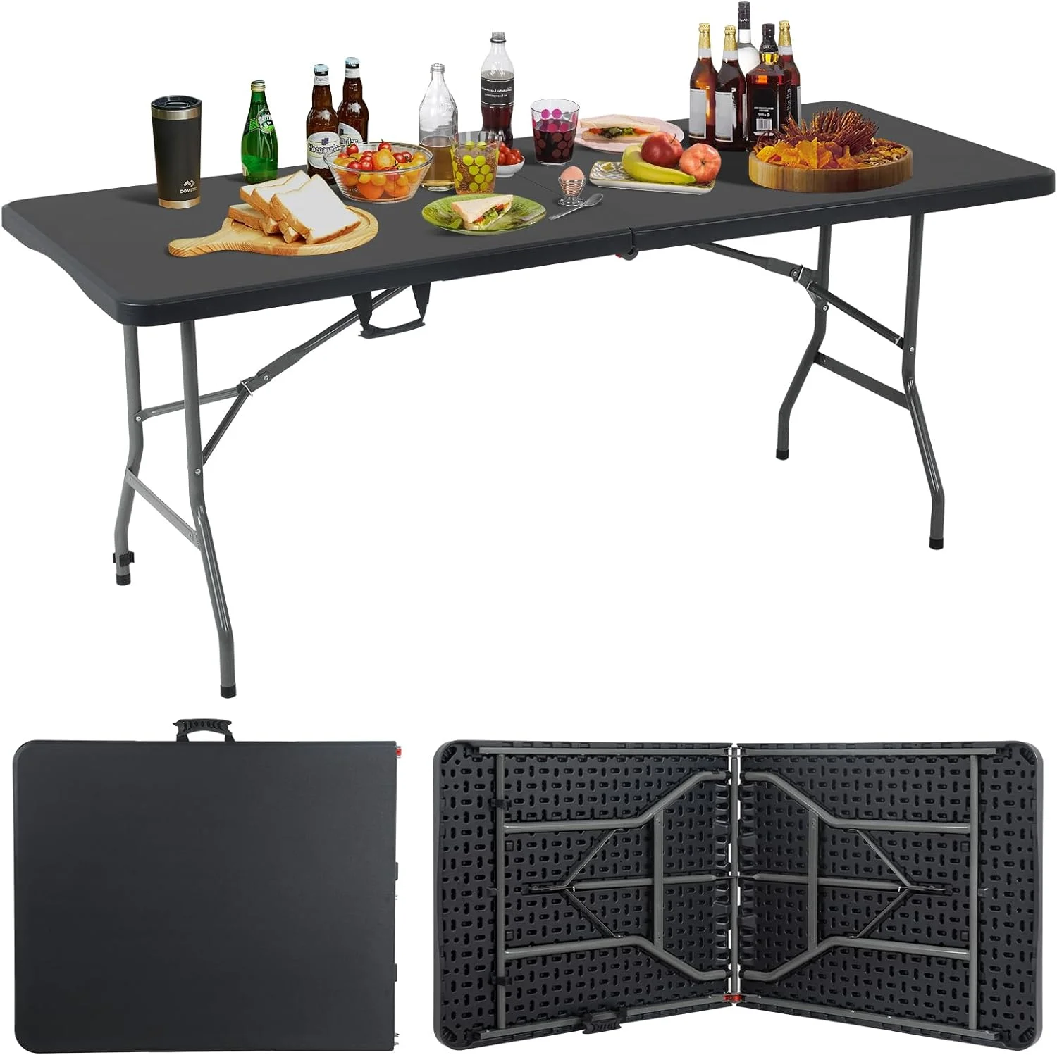 Folding Table Portable Camping Table, 6 FT Heavy Duty Plastic Fold-in-Half Utility Foldable Table Plastic Dining Table Indoor Outdoor for Camping Picnic Party, Black