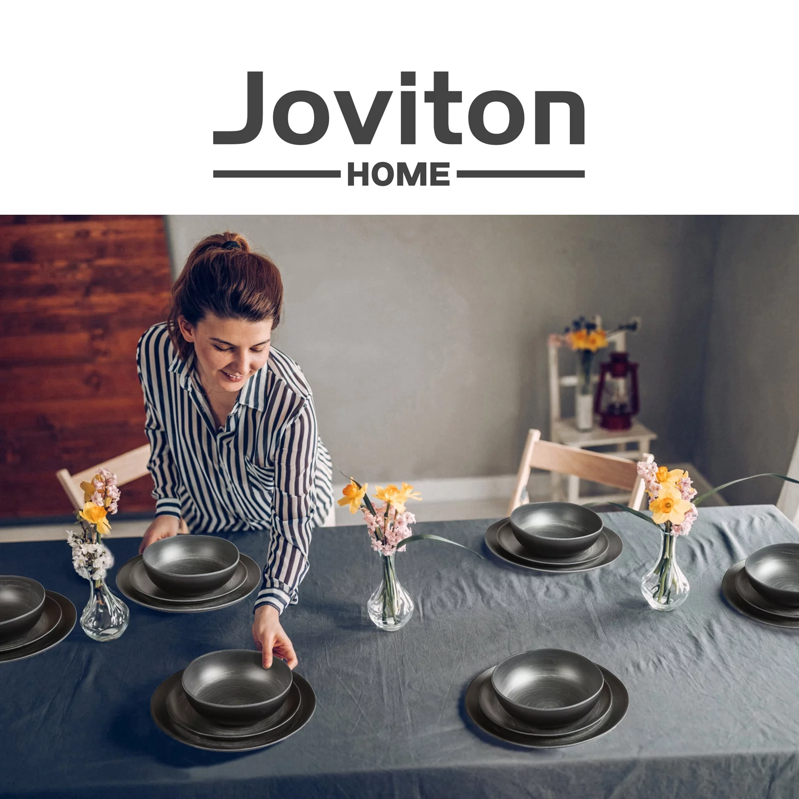 Joviton Home 18PCS Matte Black Swirl Melamine Dinnerware Sets for 6, Outdoor Plates and Bowls Sets