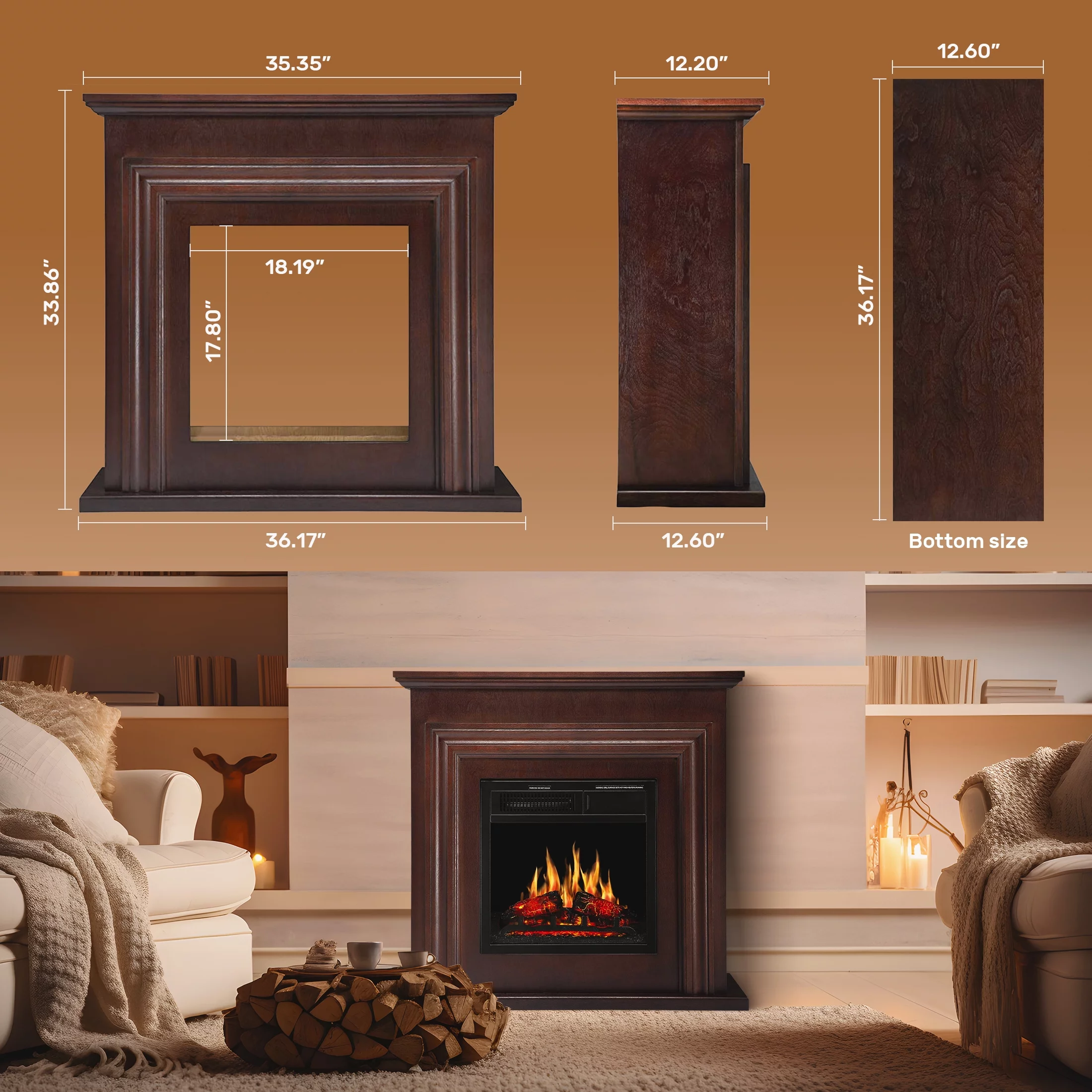 Auseo 36' Freestanding Electric Fireplace with Wood, Brown Mantel, Remote Control, For Rooms up to 400 Sq.Ft. Adjustable LED Flame & Heating Settings, -��Brown��