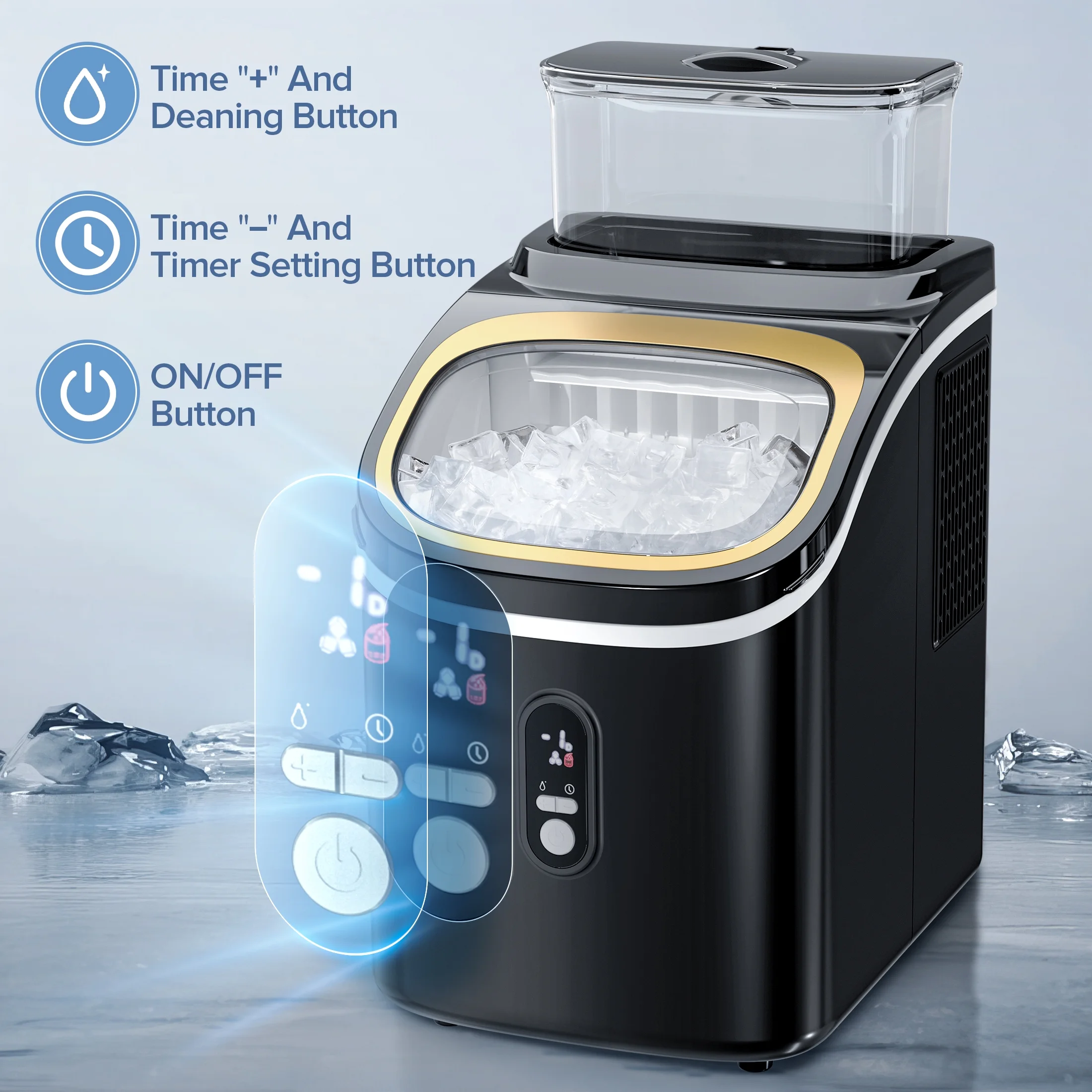 Auseo Nugget Ice Maker Countertop with 1.5L Detachable Water Tank , Self-Cleaning Function, for Party/Kitchen/Office, Black