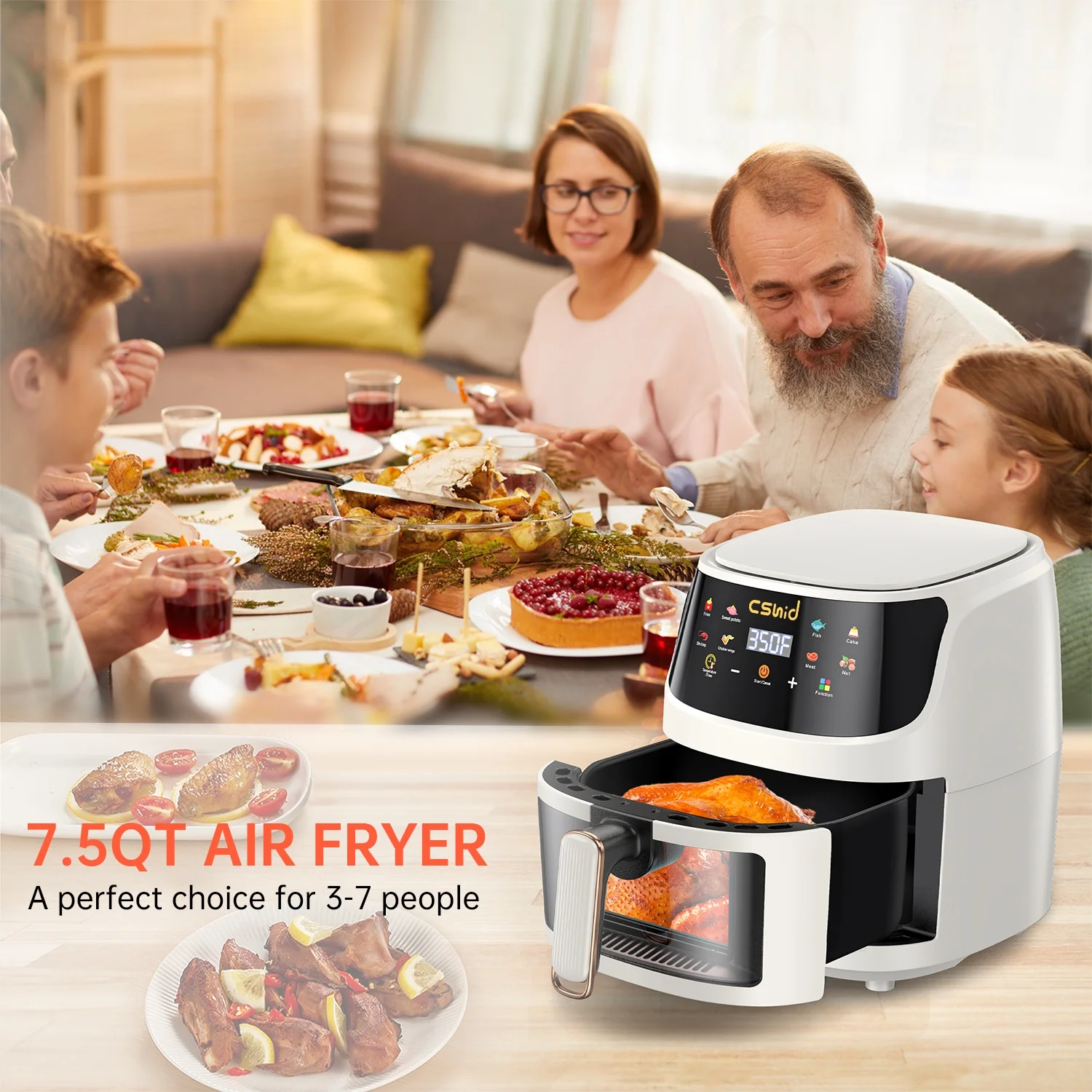 Air Fryer 7.4 QT Large Capacity Touch Screen Smart Fryer Household Multi-Function Window Visible Air Fryer that Crisps, Roasts, Reheats, Dehydrates,Including Air Fryer Paper Liners 50 pcs, Ivory White