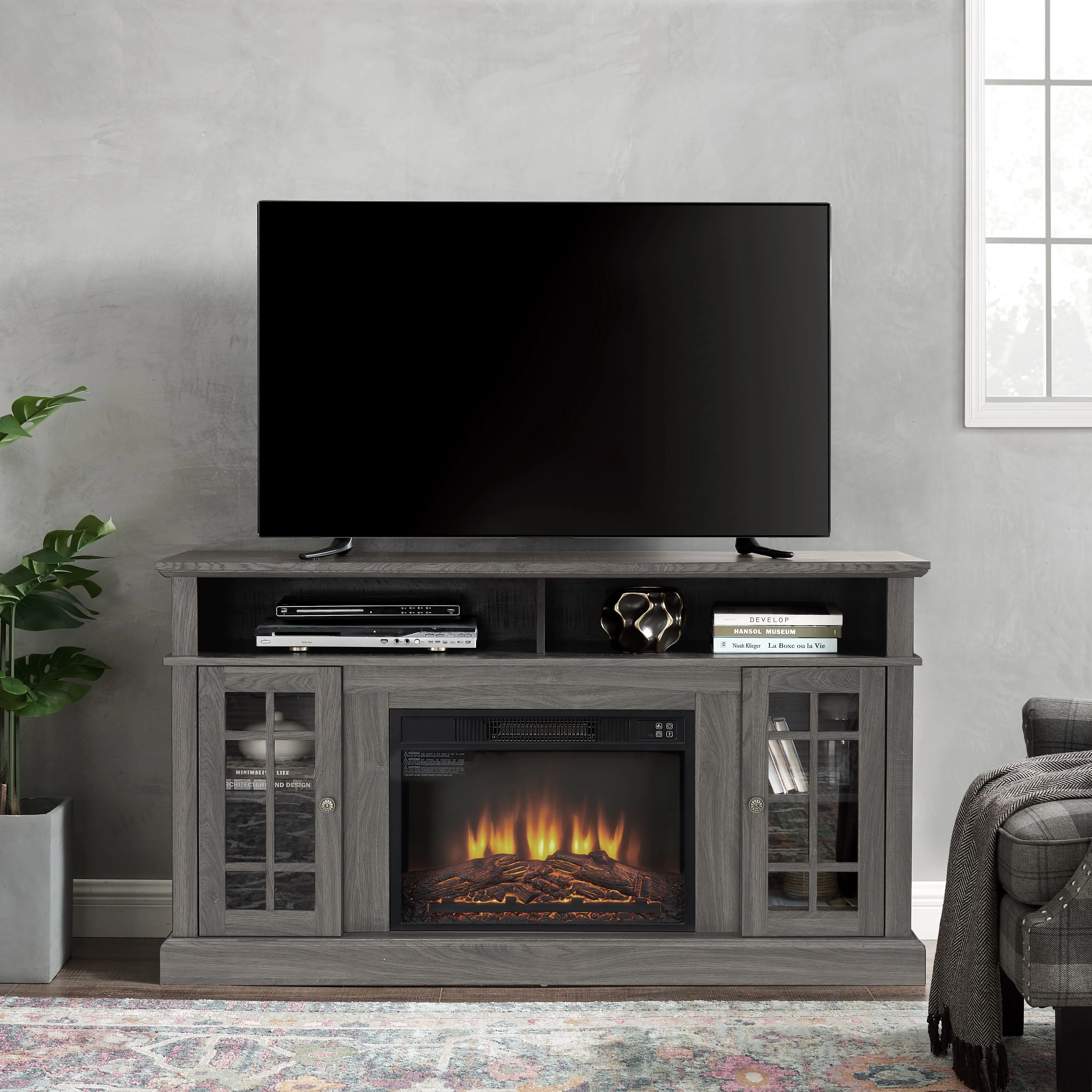 Greenpod Electric Fireplace TV Stand with 23�� Fireplace for TVs up to 65�� , TV Console Table Entertainment Center for Living Room, Dark Walnut