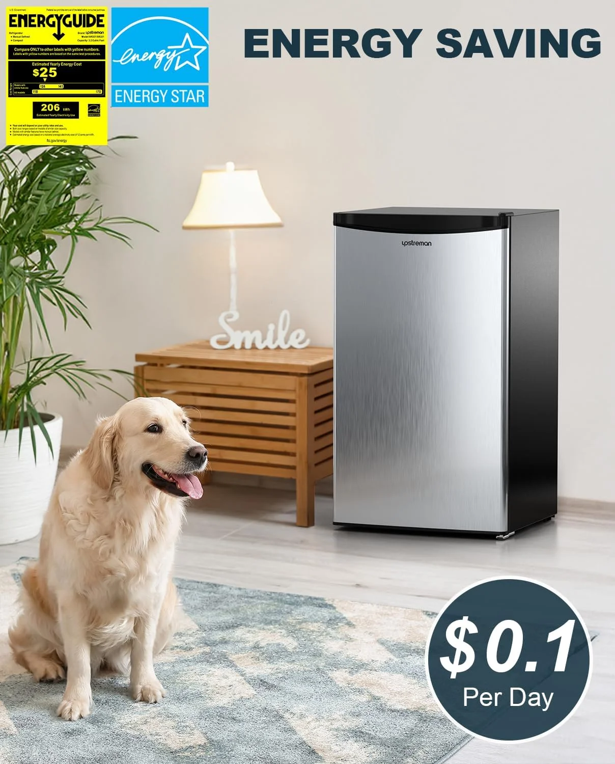 AUCHI 3.2 Cu.Ft Mini Fridge with Freezer, Single Door Mini Fridge, Adjustable Thermostat, Mini Refrigerator for Dorm, Office, Bedroom, Stainless Steel-SR321
