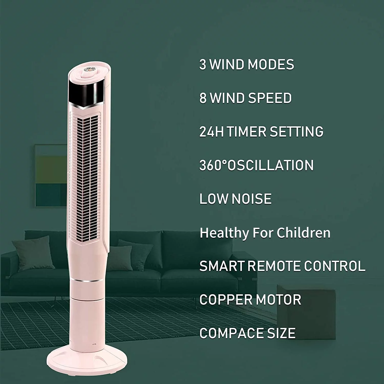 KISSAIR Tower Fan - Oscillation, Ionizer, Remote Control - Office/Home - Portable Bladeless Floor Fan - 8 Wind Speeds, 47' (Pink)