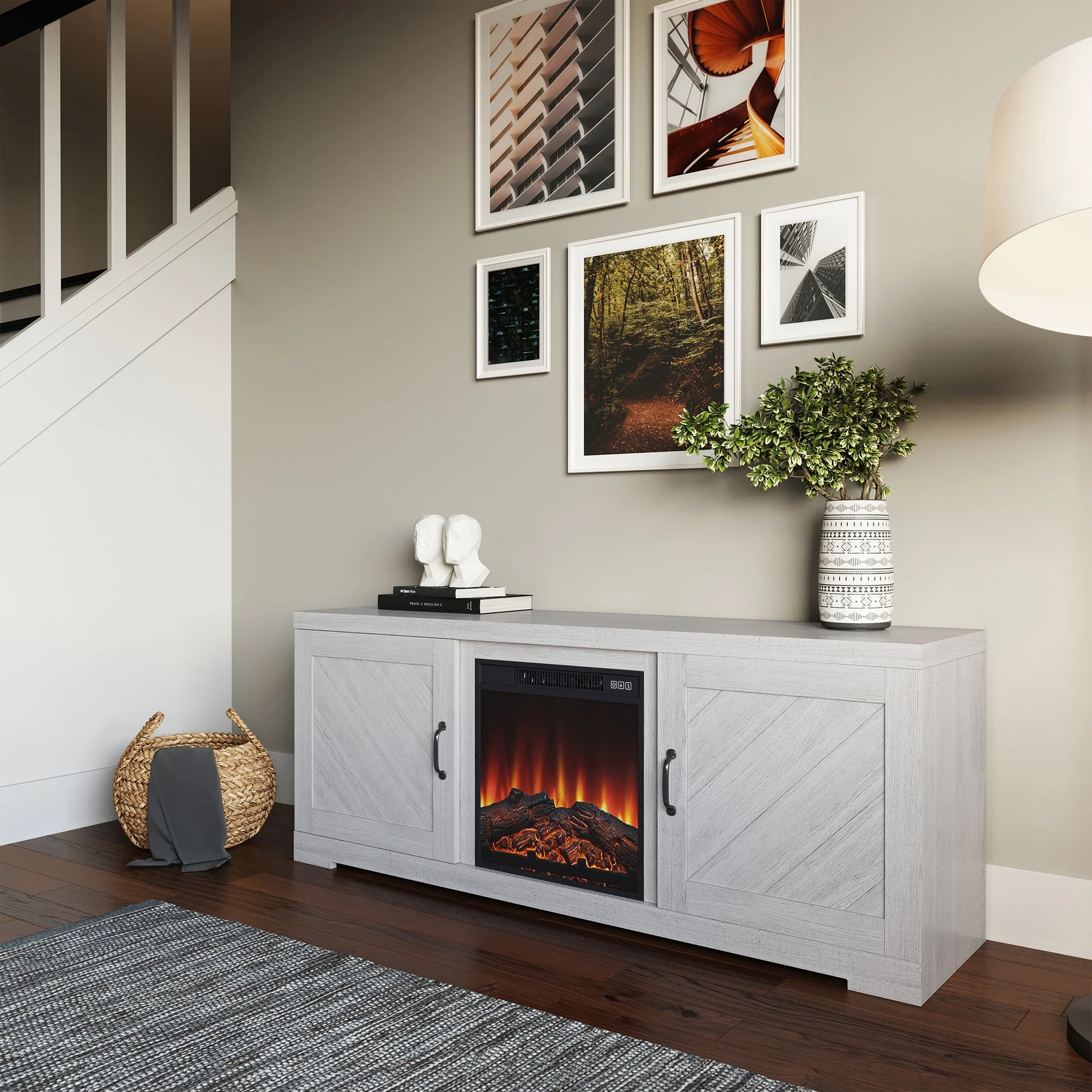 BELLEZE 58' Farmhouse TV Stand Media Entertainment Center For TVs up to 65' with 18' Fireplace - Hilo (Sargent Oak)