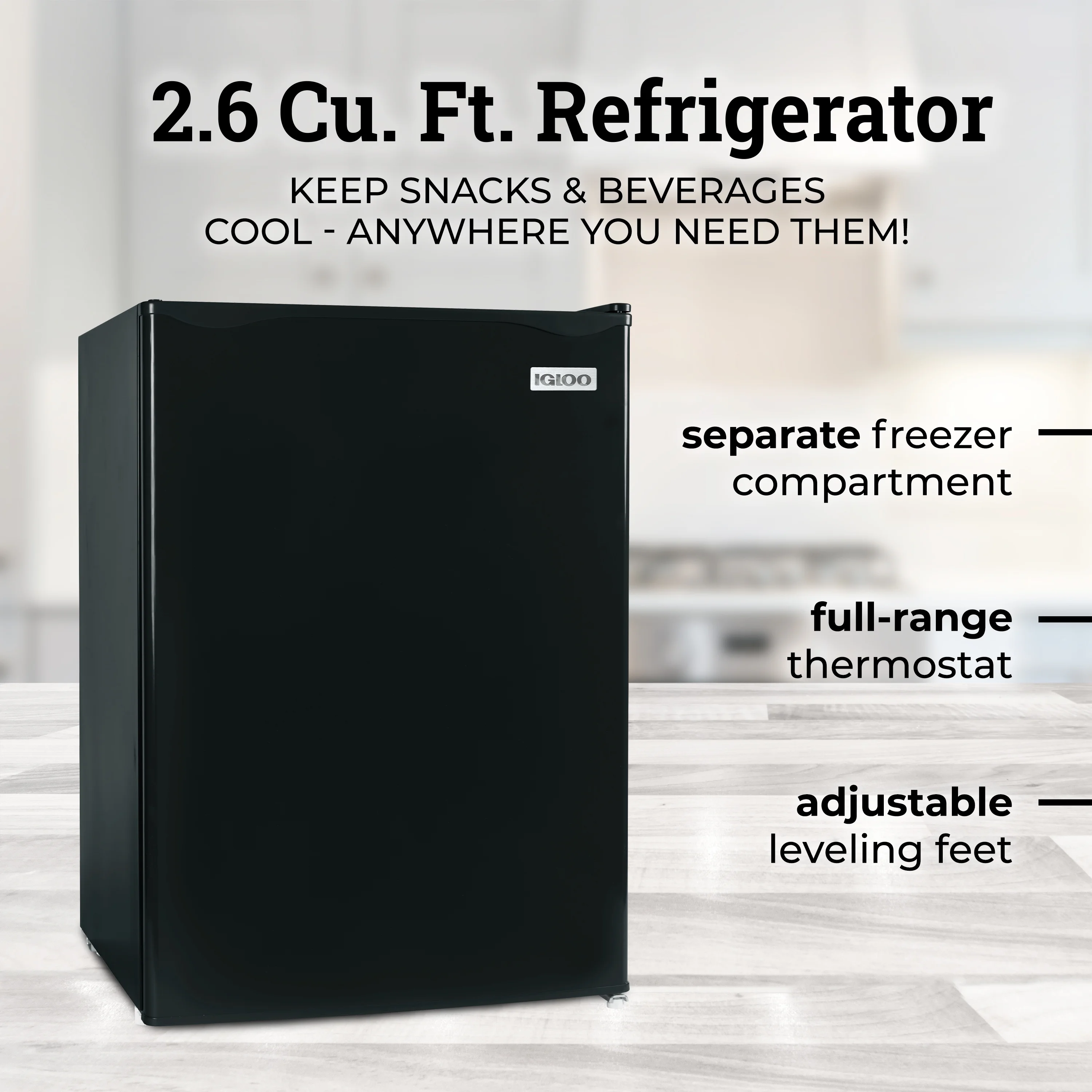 Igloo 2.6 Cu.Ft. Compact Refrigerator with Freezer, 2 Shelfs, Perfect for Homes, Offices, Dorms, Black