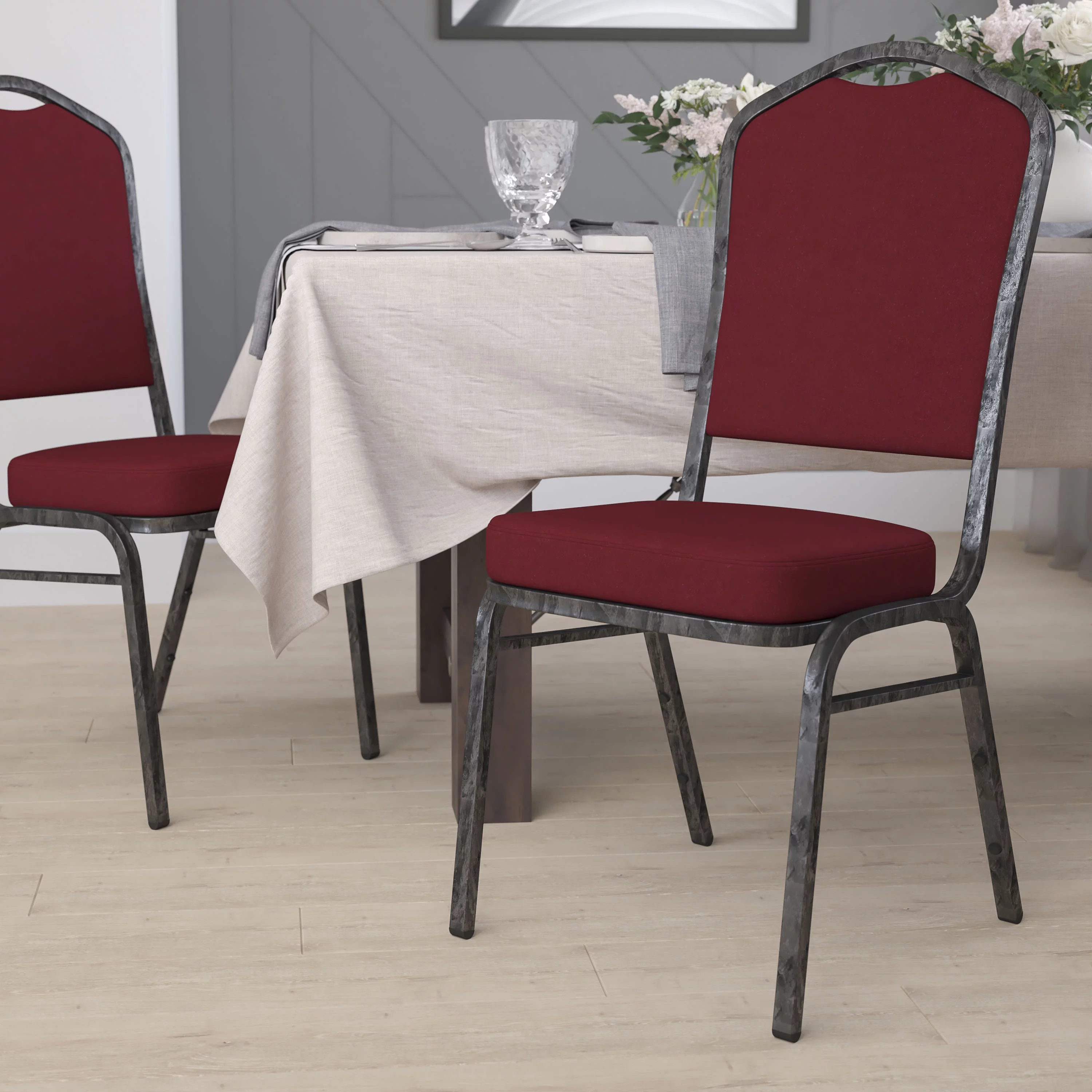 Flash Furniture HERCULES Series Crown Back Stacking Banquet Chair in Burgundy Fabric - Silver Vein Frame