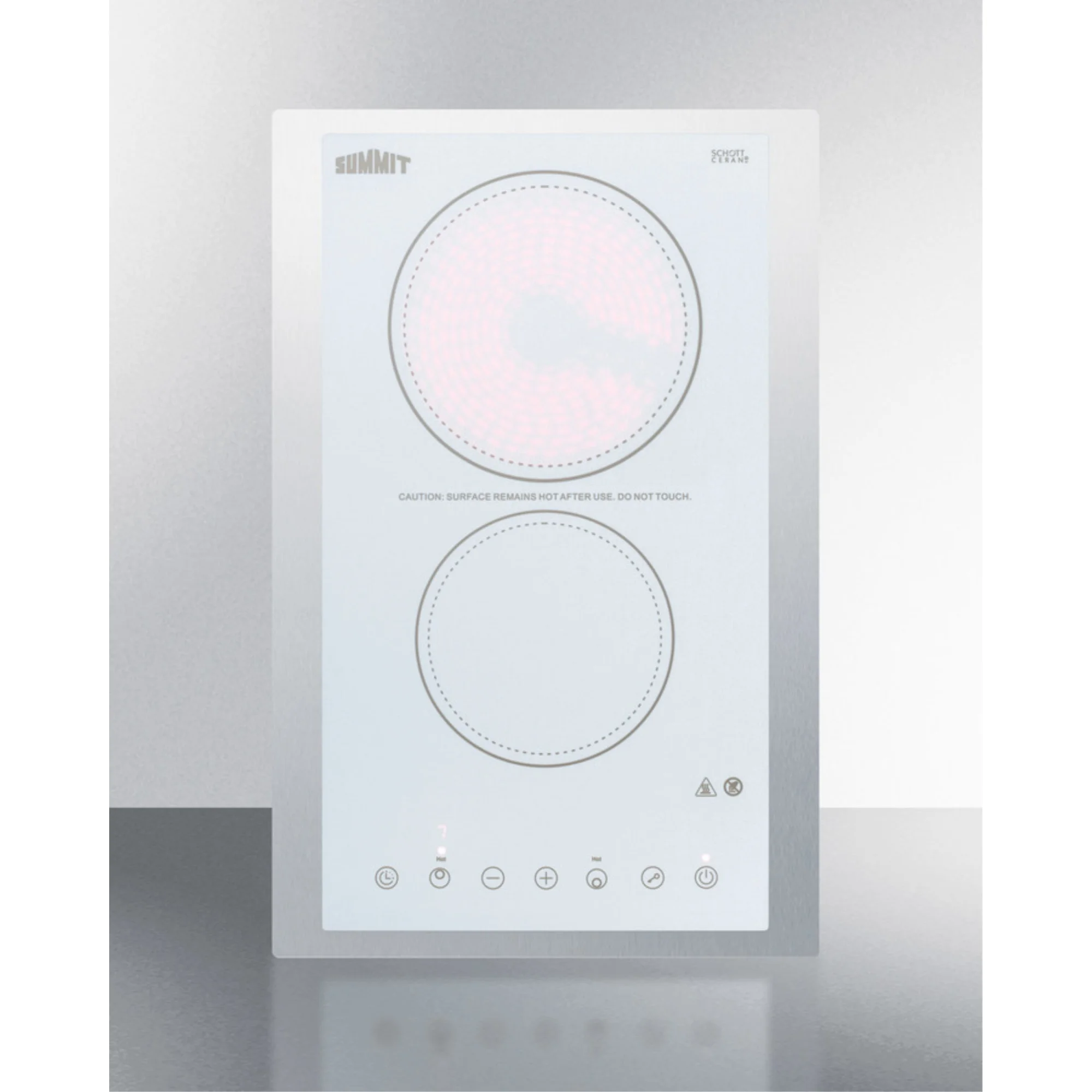 230V 2-burner cooktop in white ceramic Schott glass with digital touch controls and stainless steel frame to allow installation in 15' counter cutouts, 3000W