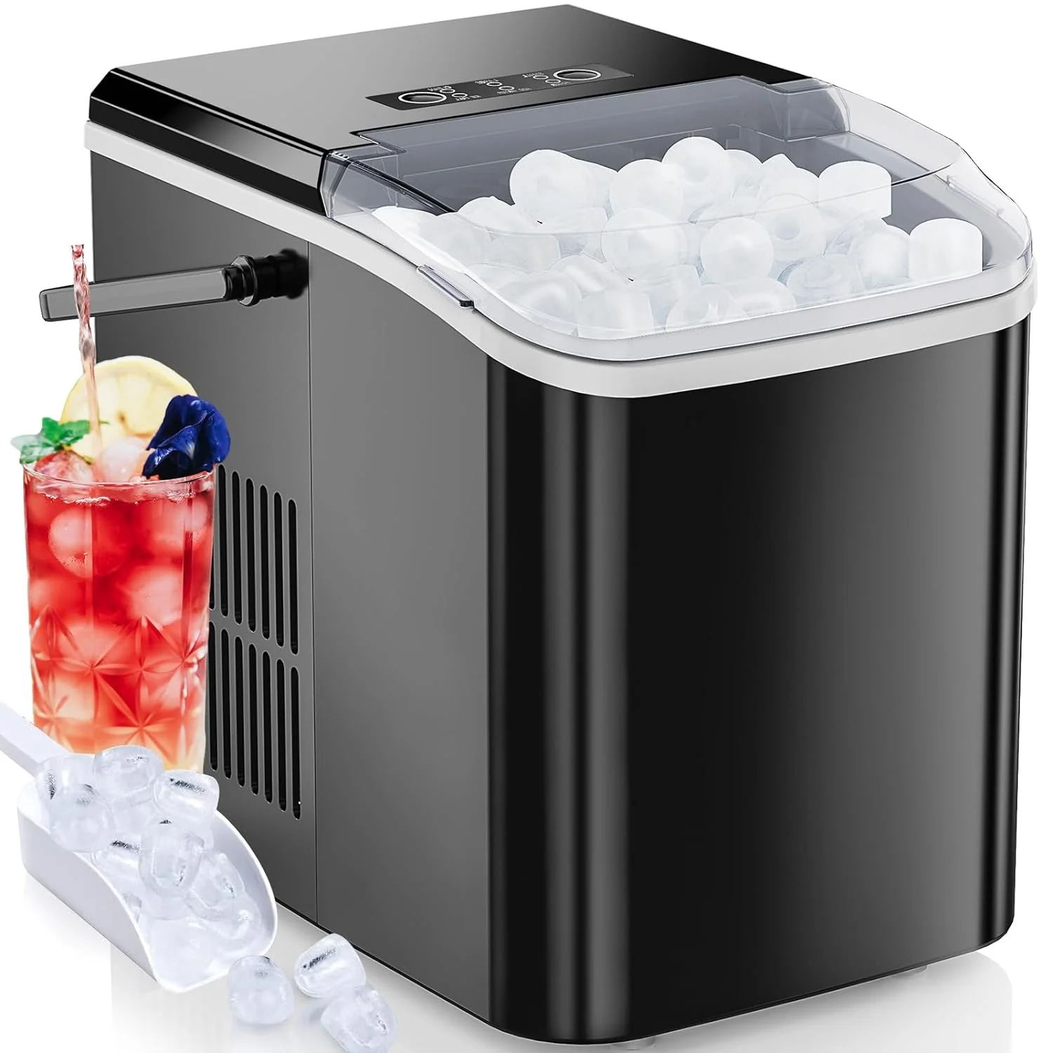 Countertop Ice Maker, Portable Ice Machine Self-Cleaning, 9 Cubes in 6 Mins, 26.5lbs/24Hrs, 2 Sizes of Bullet Ice, with Ice Scoop, Basket and Handle, Ice Cube Maker for Home Kitchen Party