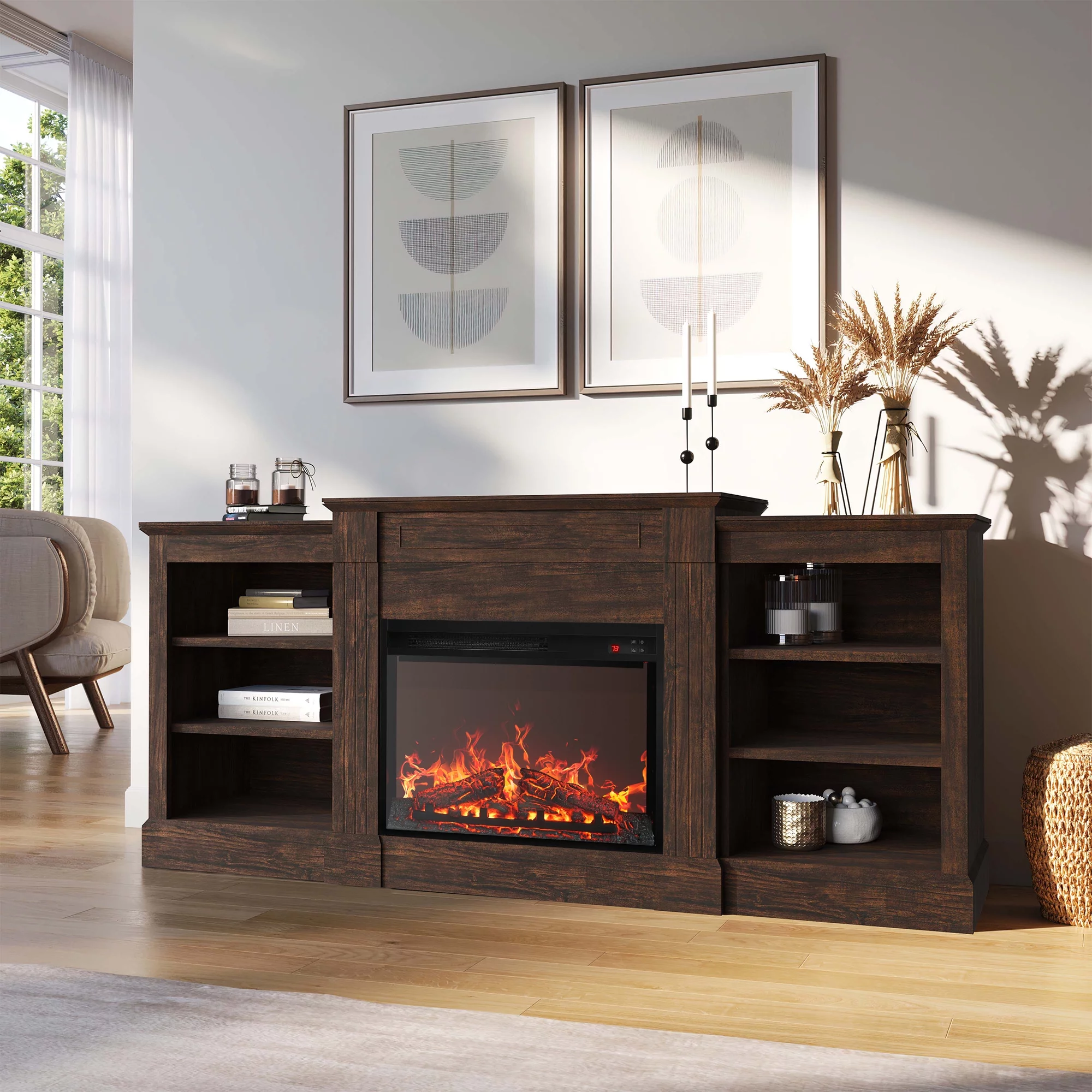 BELLEZE 66' Mantel TV Stand Entertainment Center For TVs up to 66' with 23' Fireplace - Lenore (Brown)