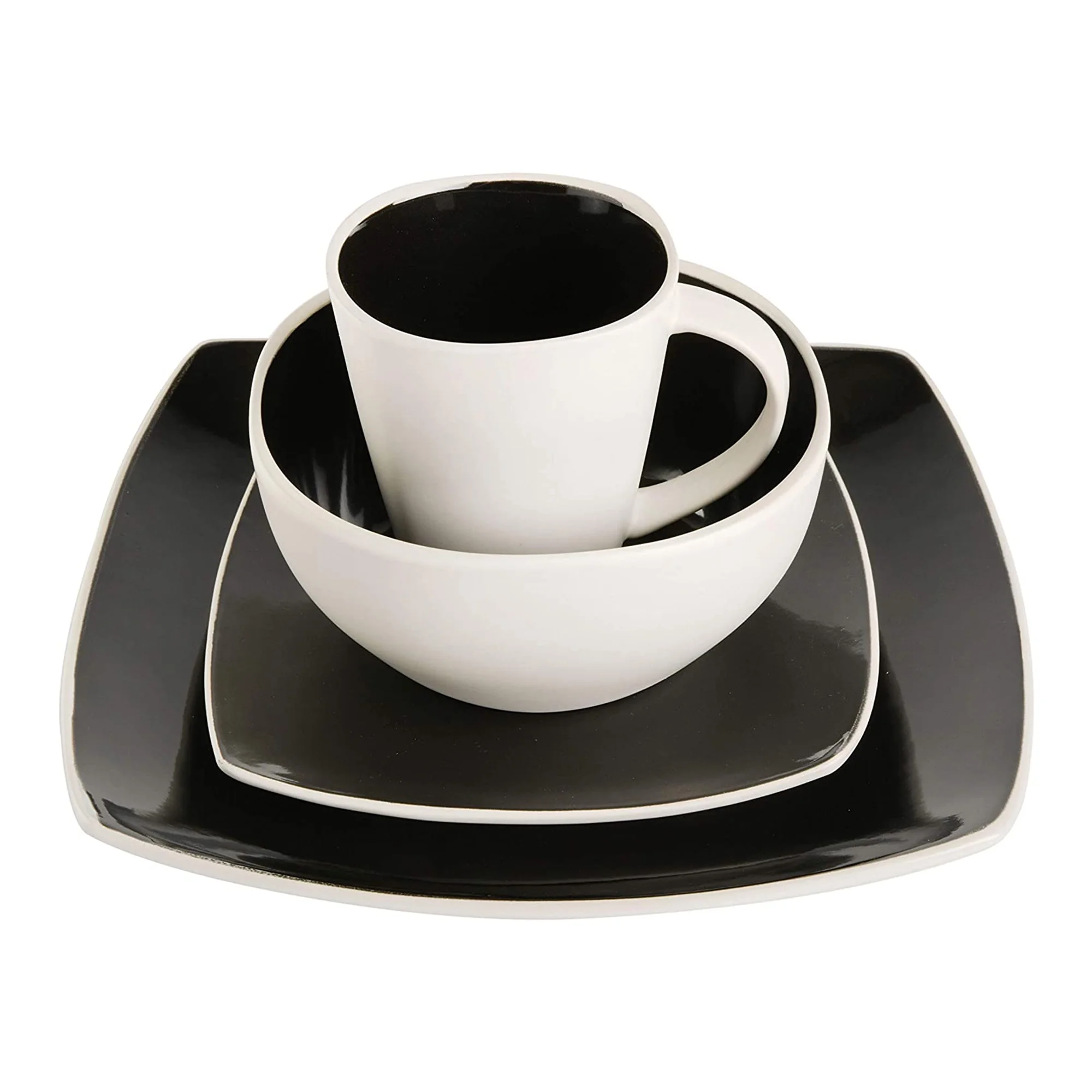 Gibson Soho Lounge Square Glazed 16 Piece Stoneware Set, Black and White