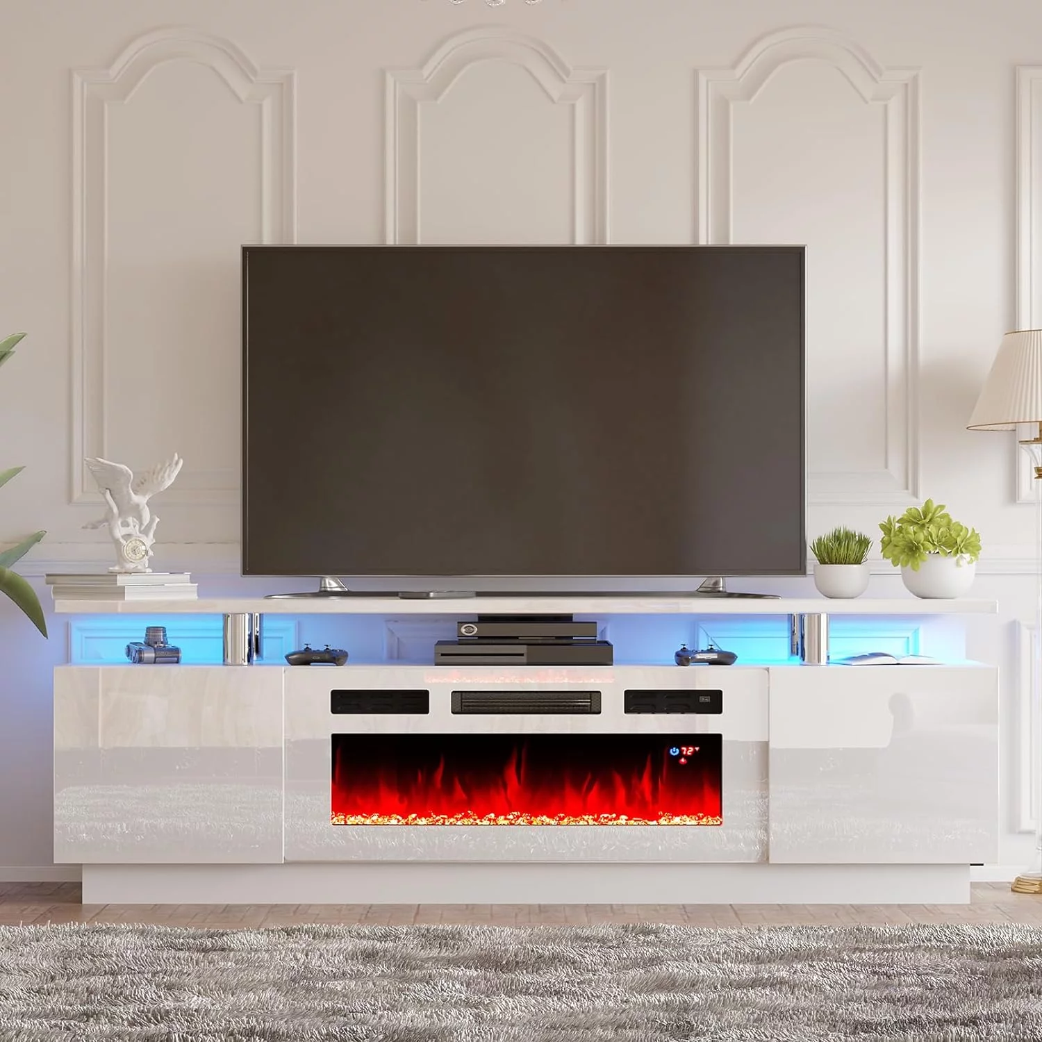 Amerlife Fireplace TV Stand with 36' Fireplace,70' Modern High Gloss Entertainment Center LED Lights for 80 Inch TV, Ivory White