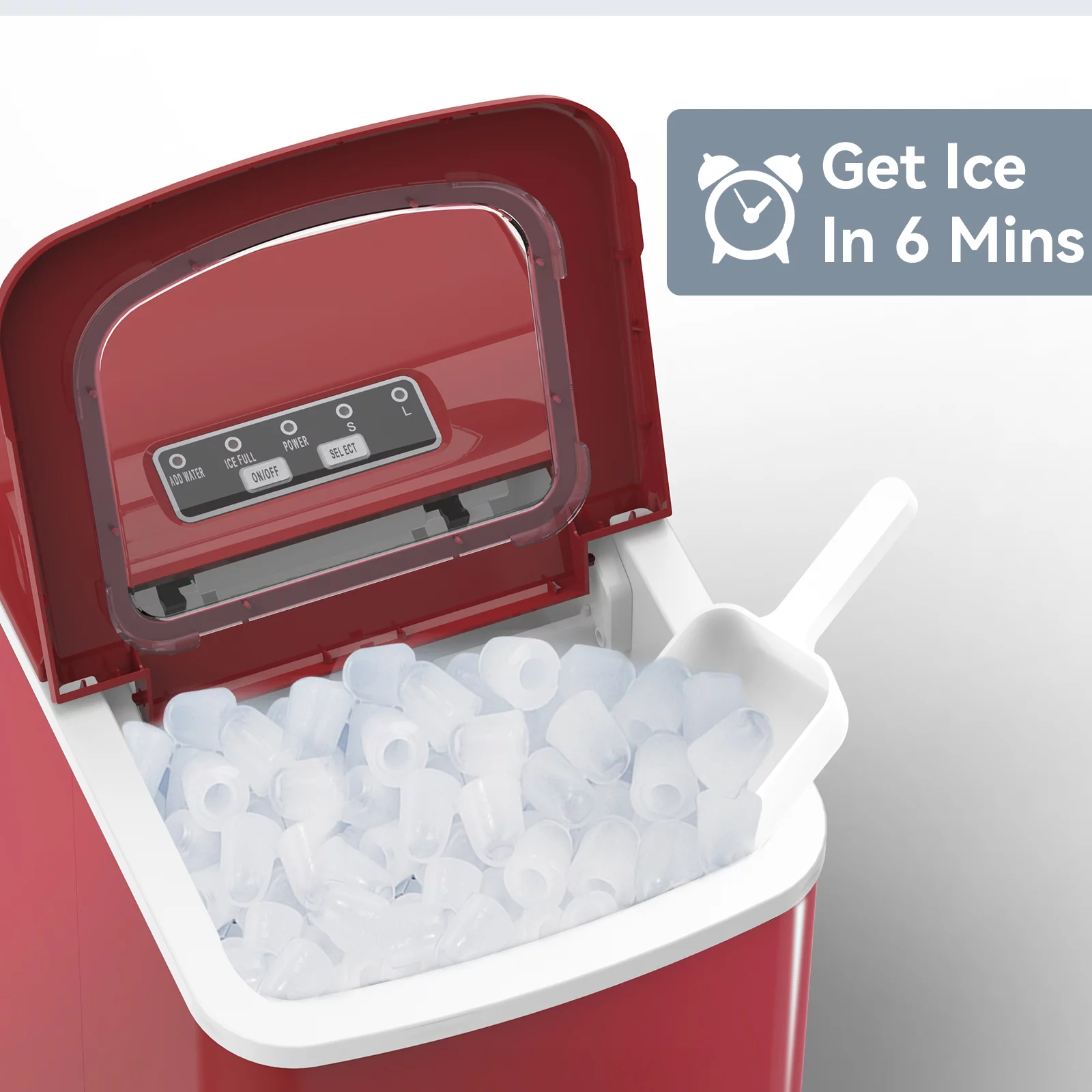 Havato Countertop Ice Maker 26lbs, 9 Pcs/6Mins, 2 Sizes of Bullet-Shaped w/Scoop & Basket, Red