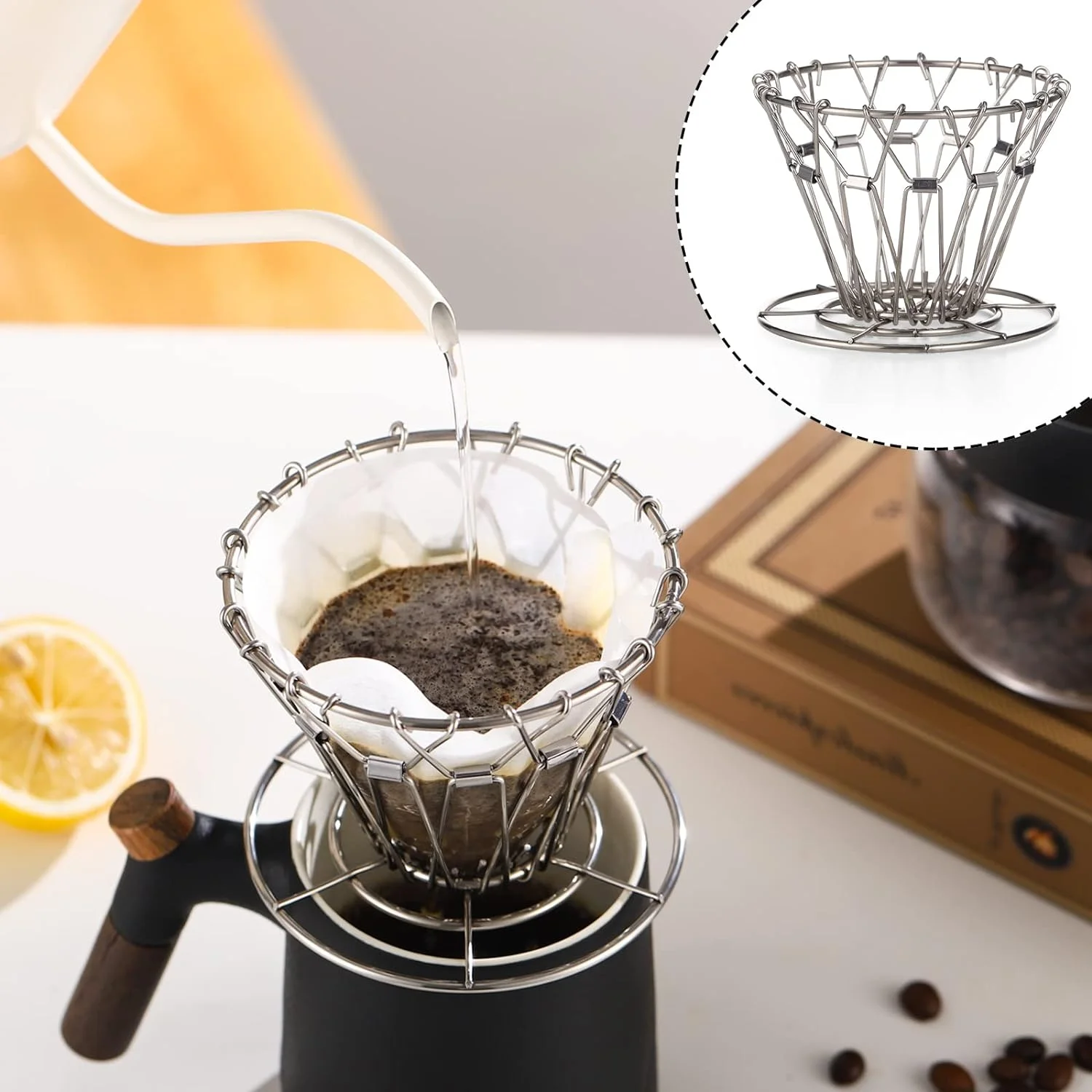 Collapsible Outdoor Pour Over Coffee Dripper - Portable Stainless Steel Reusable Dripper