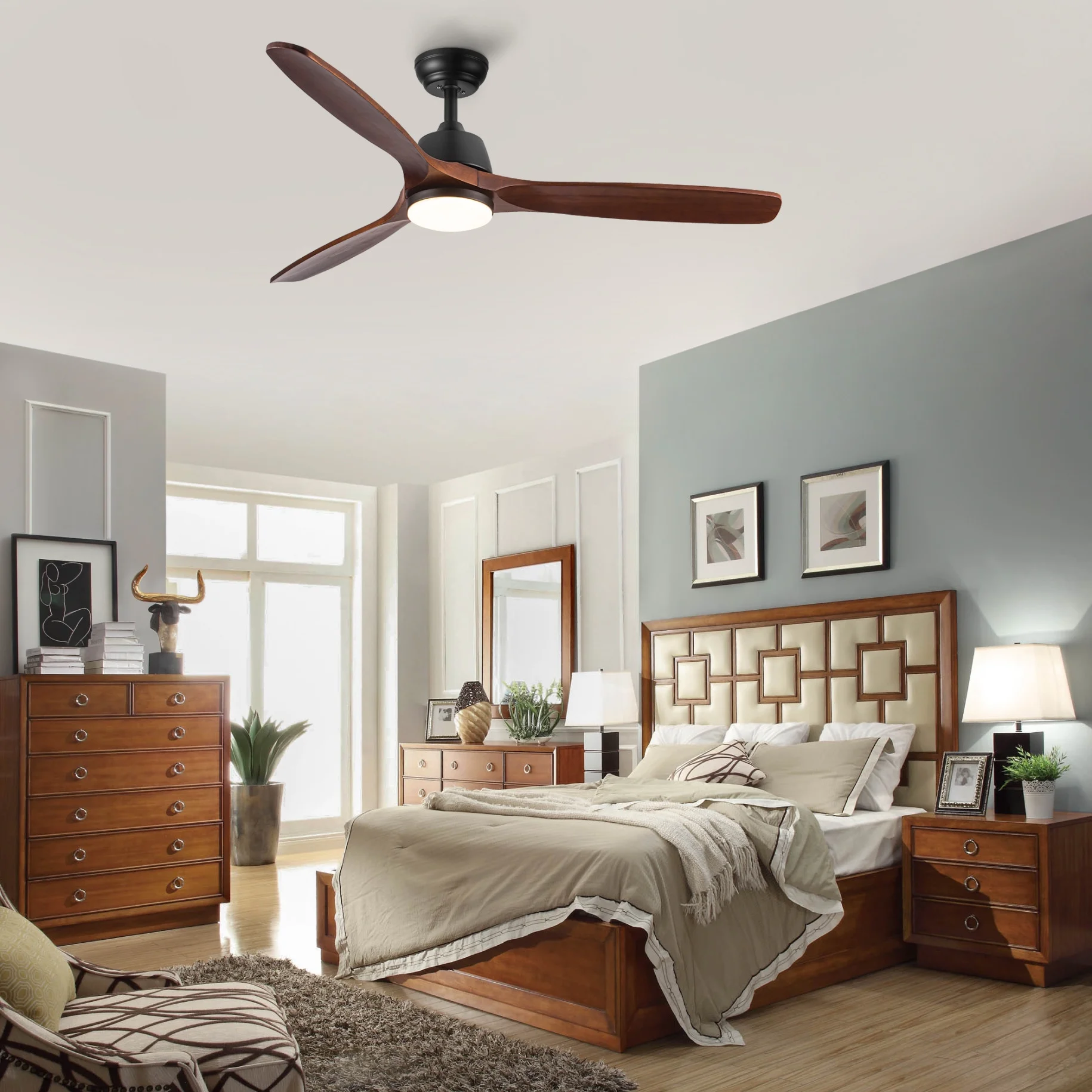 52 Inch Ceiling Fan with Lights and Remote Control, Low Profile Ceiling Fan with 3 Solid Wood Blades, Indoor/Outdoor Modern Brushed Nickel Ceiling Fan with Light for Patio Farmhouse Bedroom, Brown