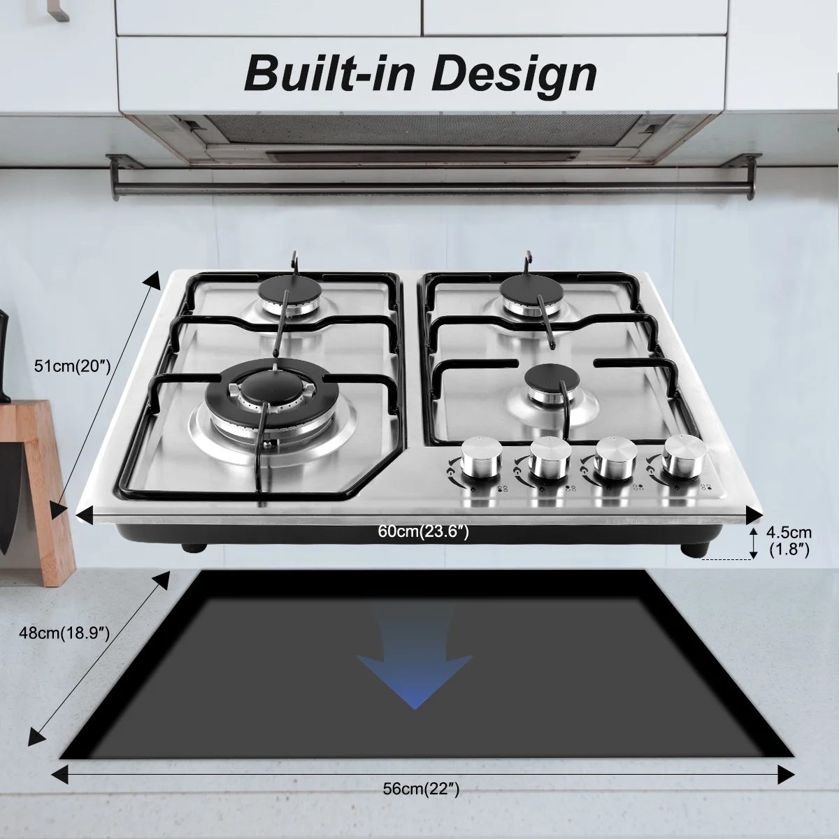 BreeRainz Gas Cooktop 4 Burners, 20'x23.6' Gas Stove for LPG/NG Dual Fuel, Built-in Stainless Steel Gas Hob for Kitchen, Apartments, RVs, Outdoor
