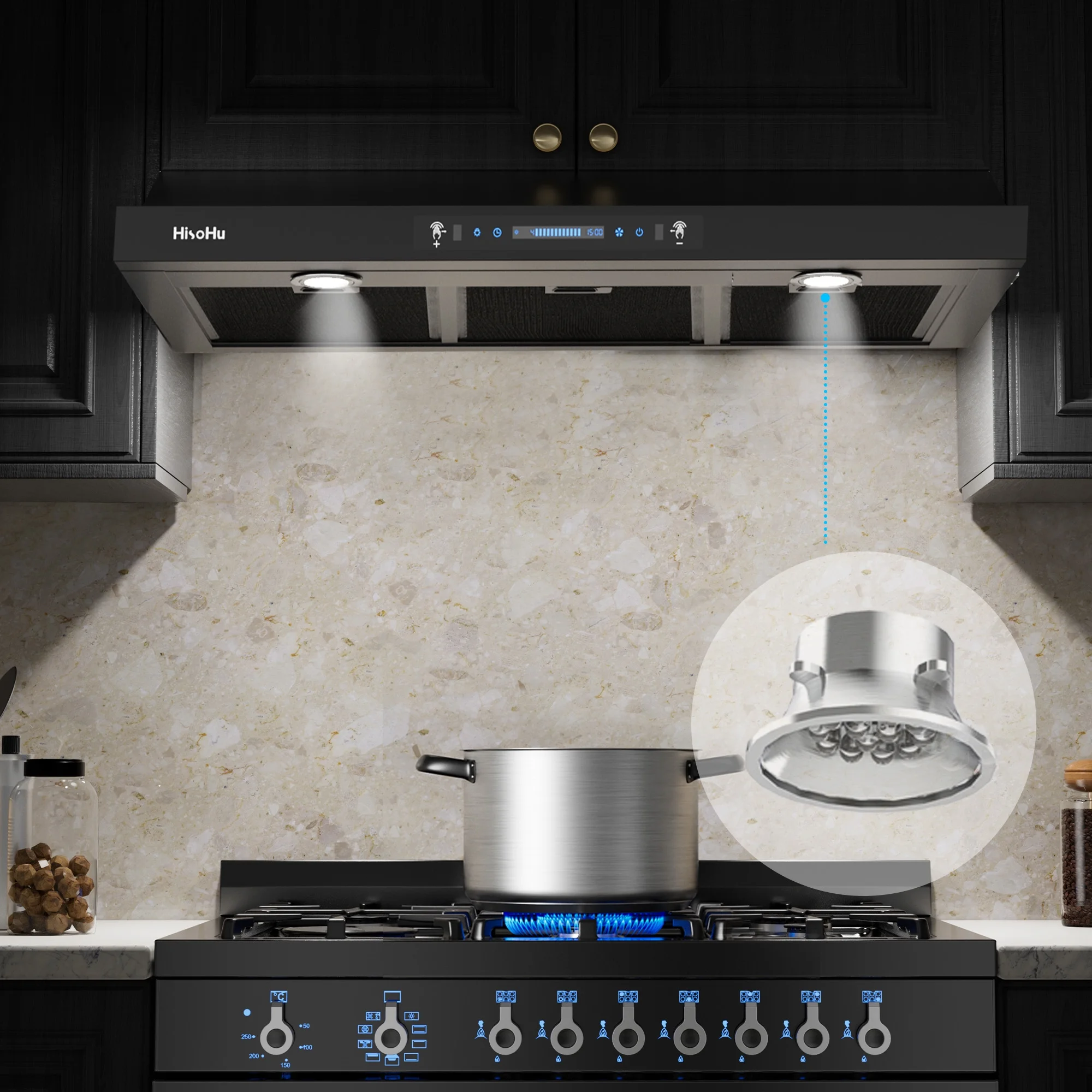 36 Inch Range Hood. 900 CFM Ducted Under Cabinet Range Hood with Lights in Black Teflon Stainless Steel