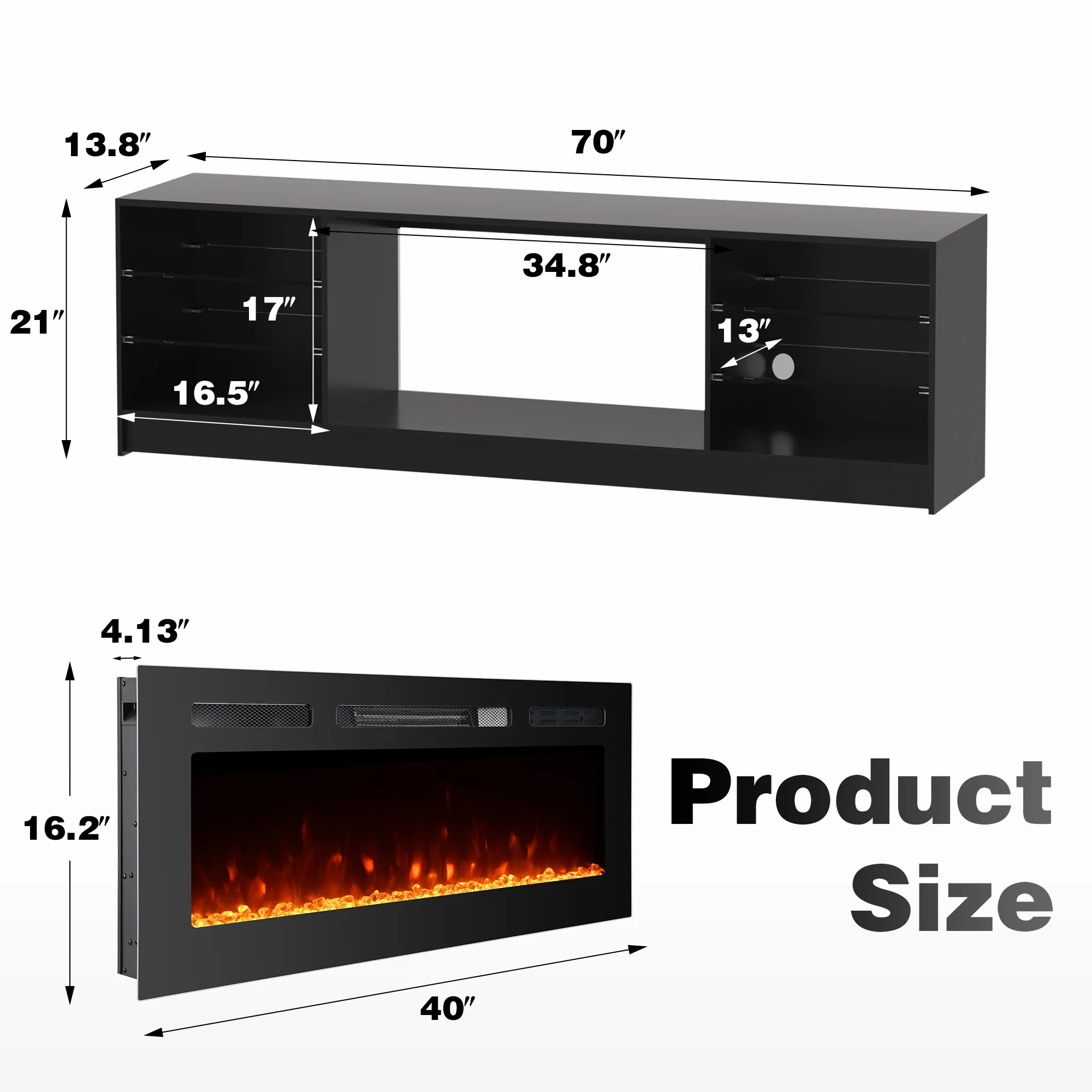 Erinnyees 70' Fireplace TV Stand with 40' Electric Fireplace, Entertainment Center with Adjustable Glass Shelves, TV Console for TVs up to 70