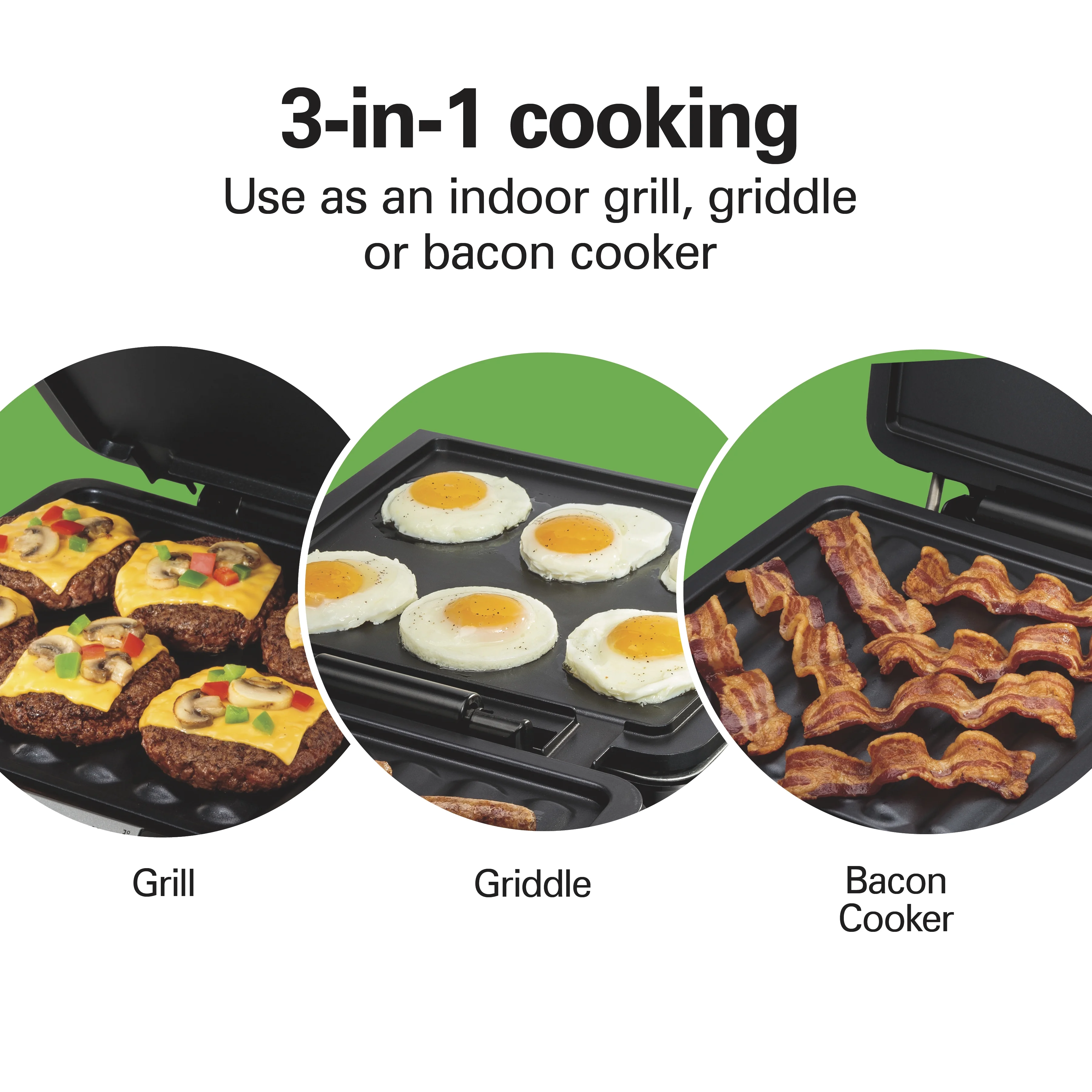 Hamilton Beach 3-in-1 Indoor Grill and Electric Griddle, Grill and Bacon Cooker Combo, Opens 180 Degrees to Double Cooking Space, Removable Nonstick Grids, 25600