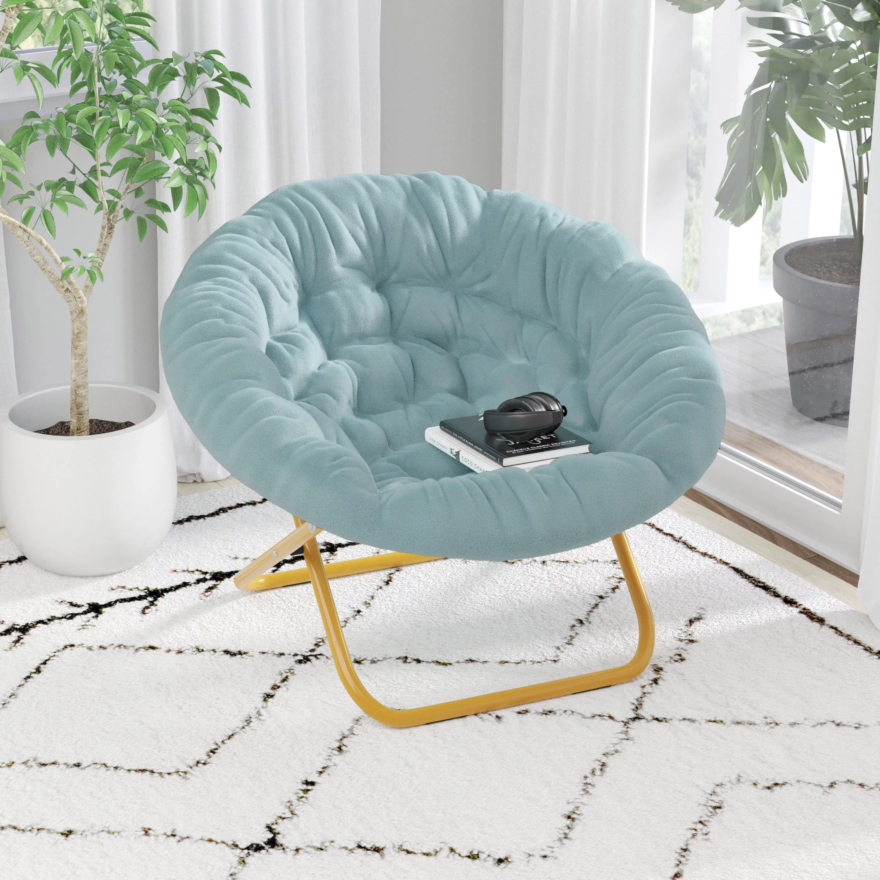 Flash Furniture Gwen 38' Oversize Portable Faux Fur Folding Saucer Moon Chair for Dorm and Bedroom, Dusty Aqua Faux Fur/Soft Gold Frame