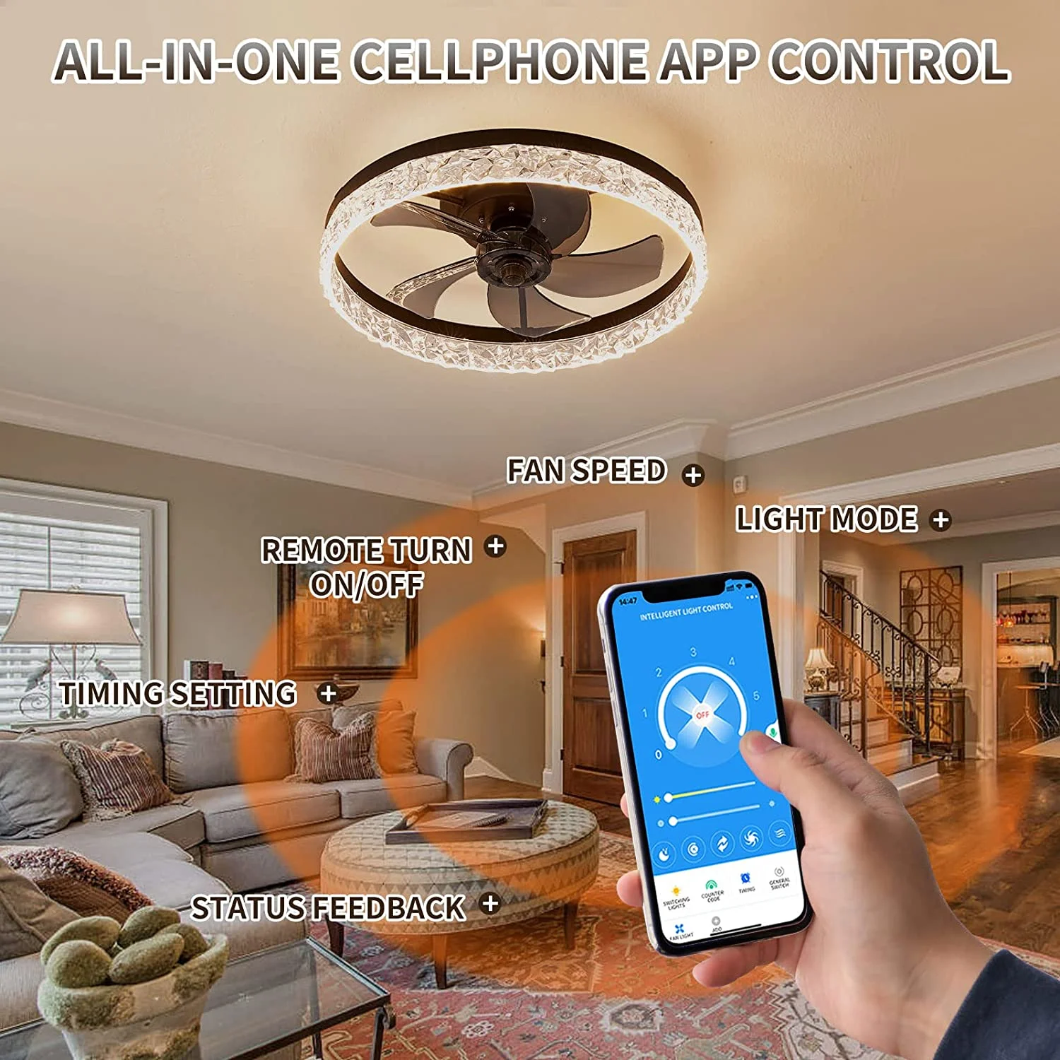 Flush Mount Ceiling Fan with Light Remote and App Control 19.7in Led Black Modern Low Profile Bladeless Ceiling Fan 3 Color 6 Speeds Suitable for Living Room Bedroom Dining Room