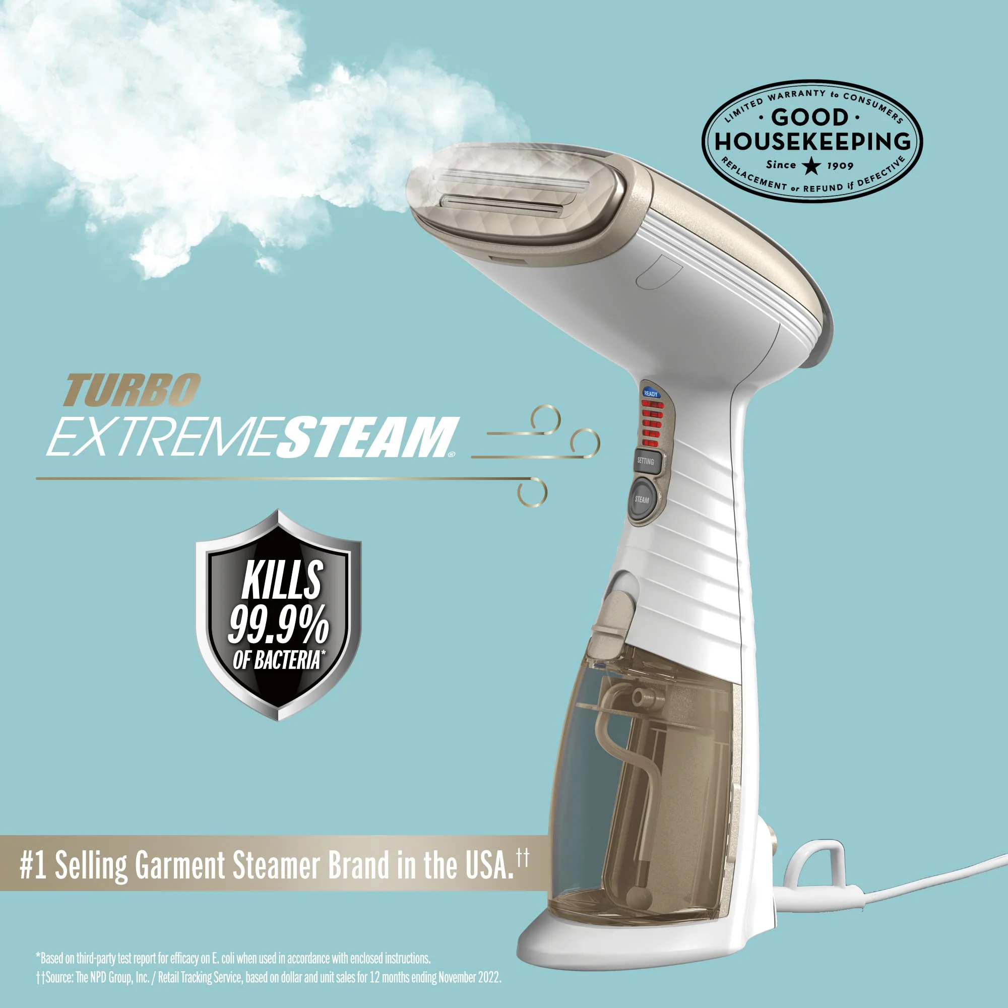 Conair Handheld Garment Steamer for Fabric, Turbo ExtremeSteam 1875W, White/Champagne GS59