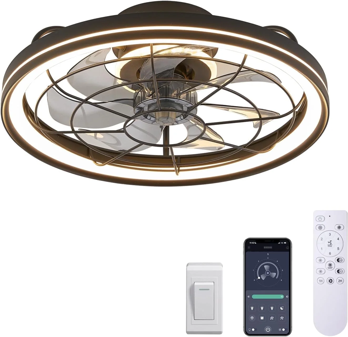 HOOMEDELIER 19' Flush Mount Ceiling Fan with Light - Low Profile Indoor Caged Fan with Tri-Color Dimming,7 Blades, Remote Control & Timer