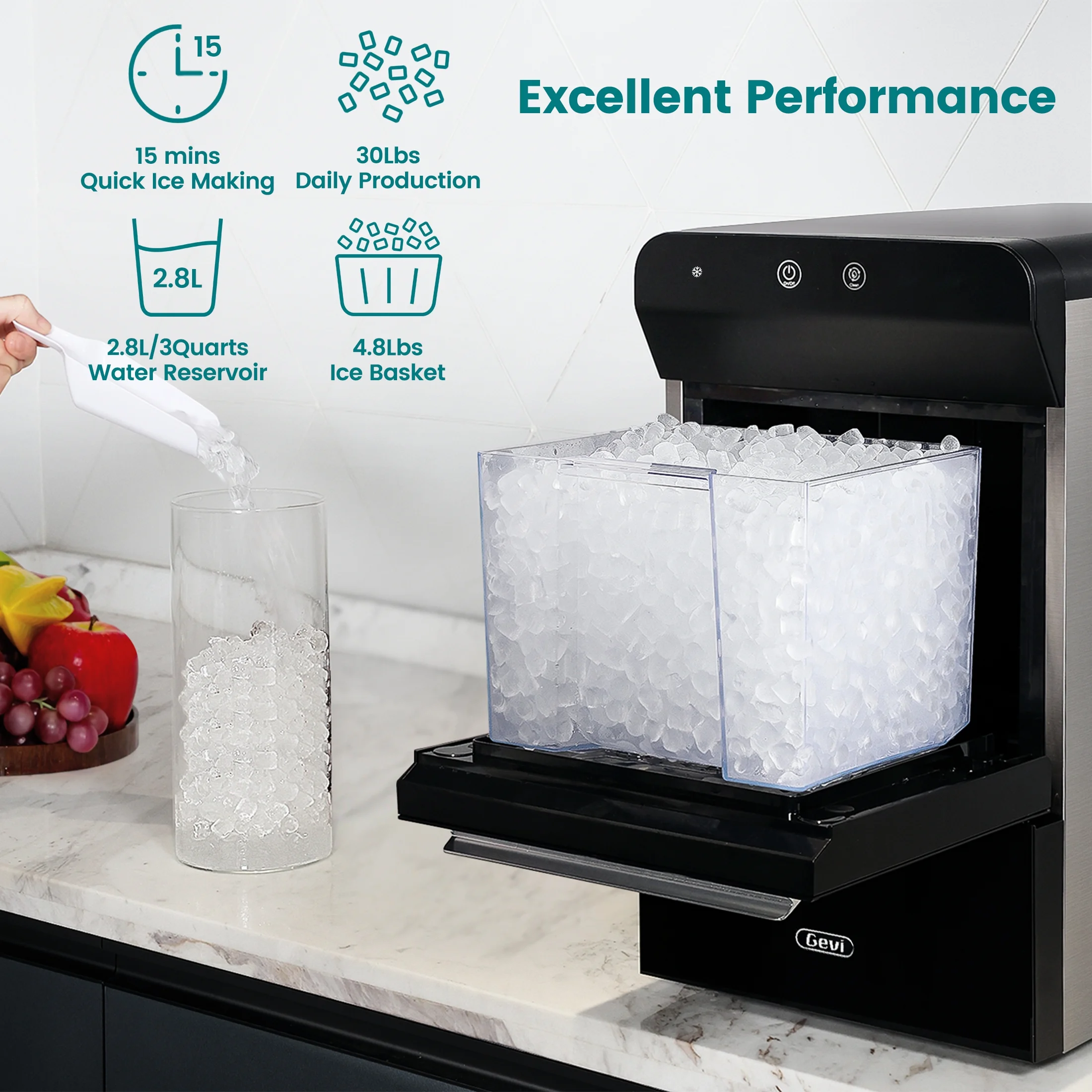 Gevi Countertop Nugget Ice Maker - Making Pellet Ice 30lbs/Day | Self-Cleaning Ice Machine | Stainless Steel | Black