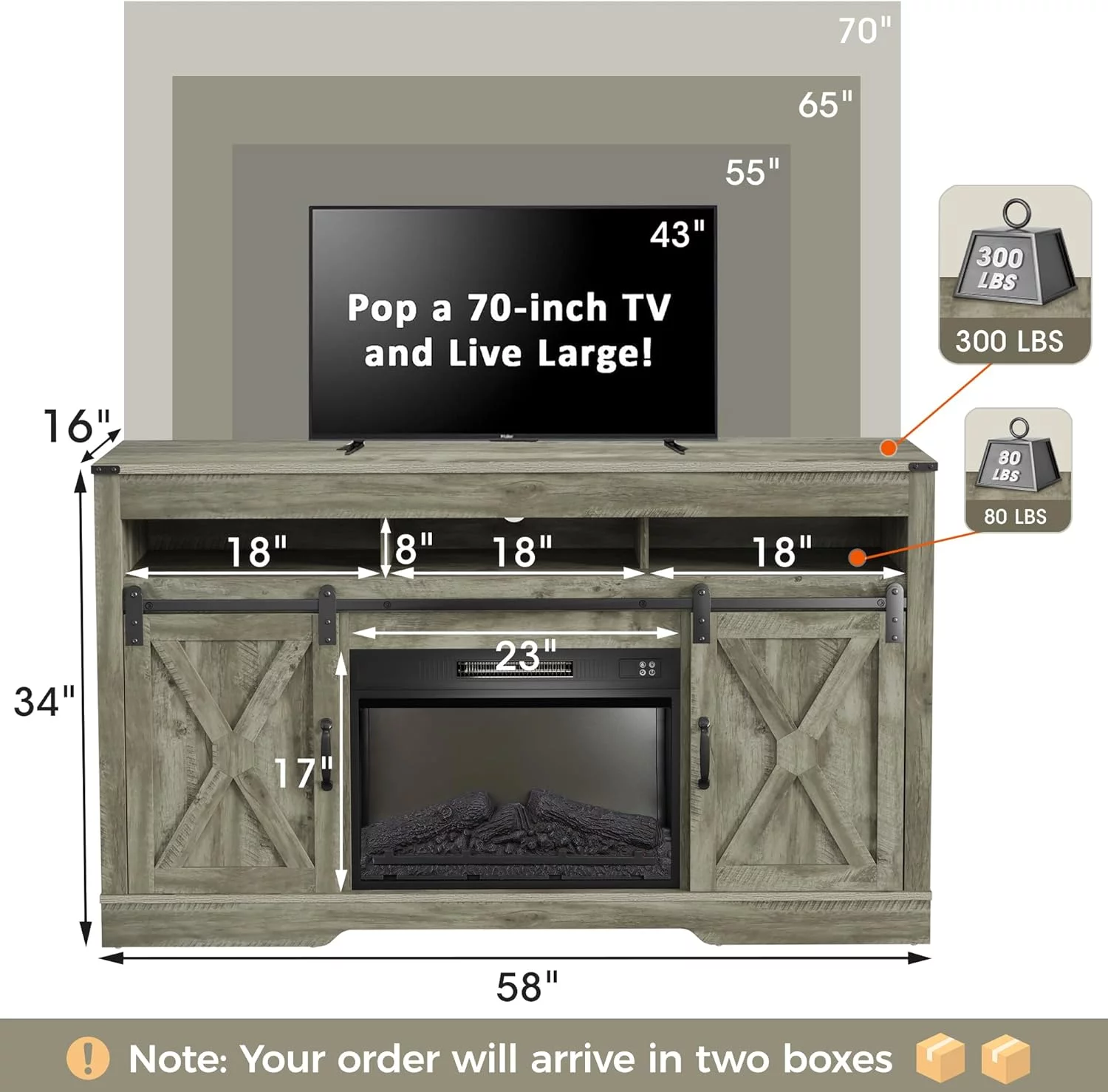 CozyHom Electric Fireplace TV Stand for 65+ Inch TV, Farmhouse Entertainment Center with 23' Electric Fireplace with Remote, Modern Rustic TV Console with Sliding Bar Door for Living Room, Light Gray
