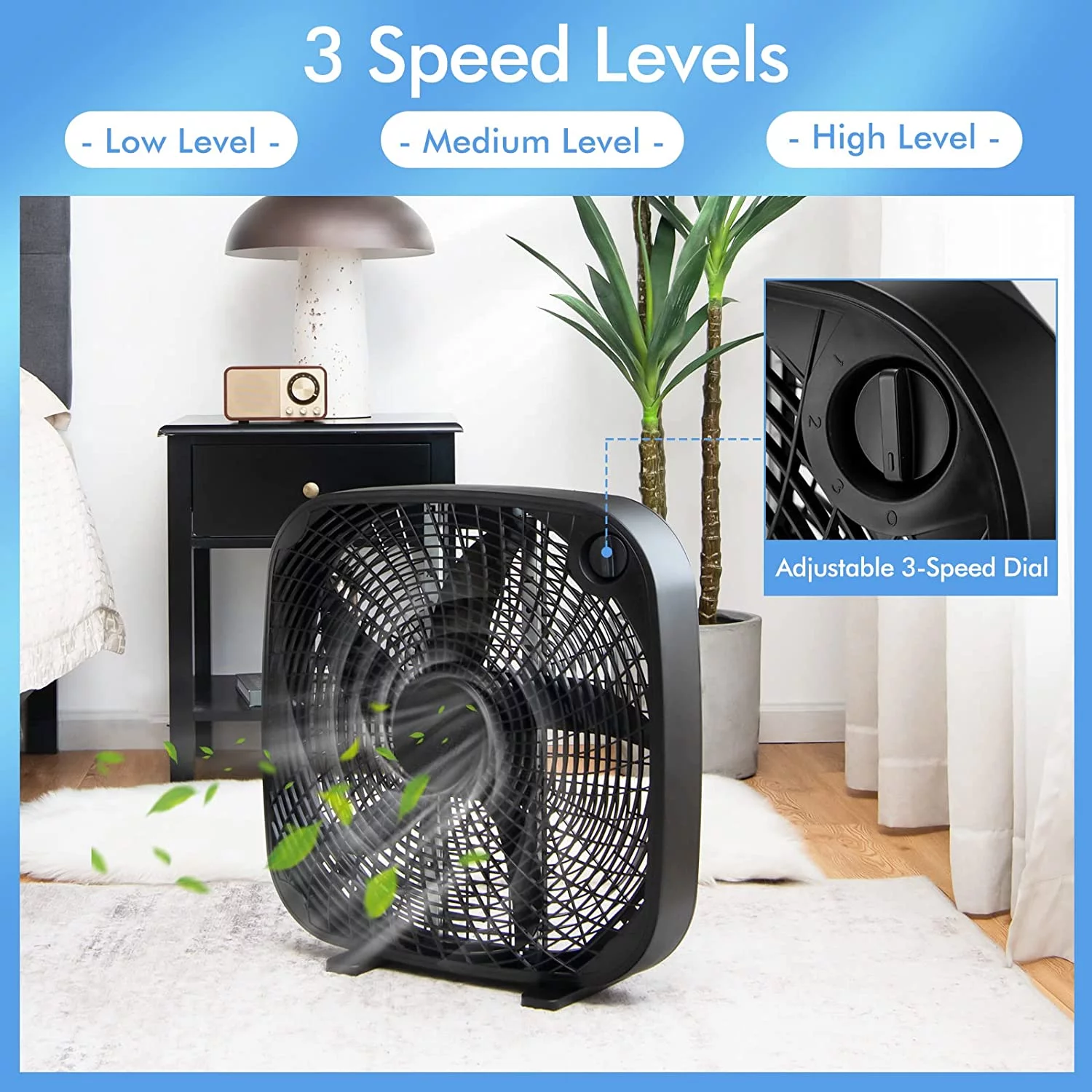 3-Speed Box Fan, 20 inch Floor Fan for Full-Force Circulation with Air Conditioner, 3 Settings, Adjustable Dial, Carrying Handle, Portable Floor Fan for Home, Compact & Lightweight, Black